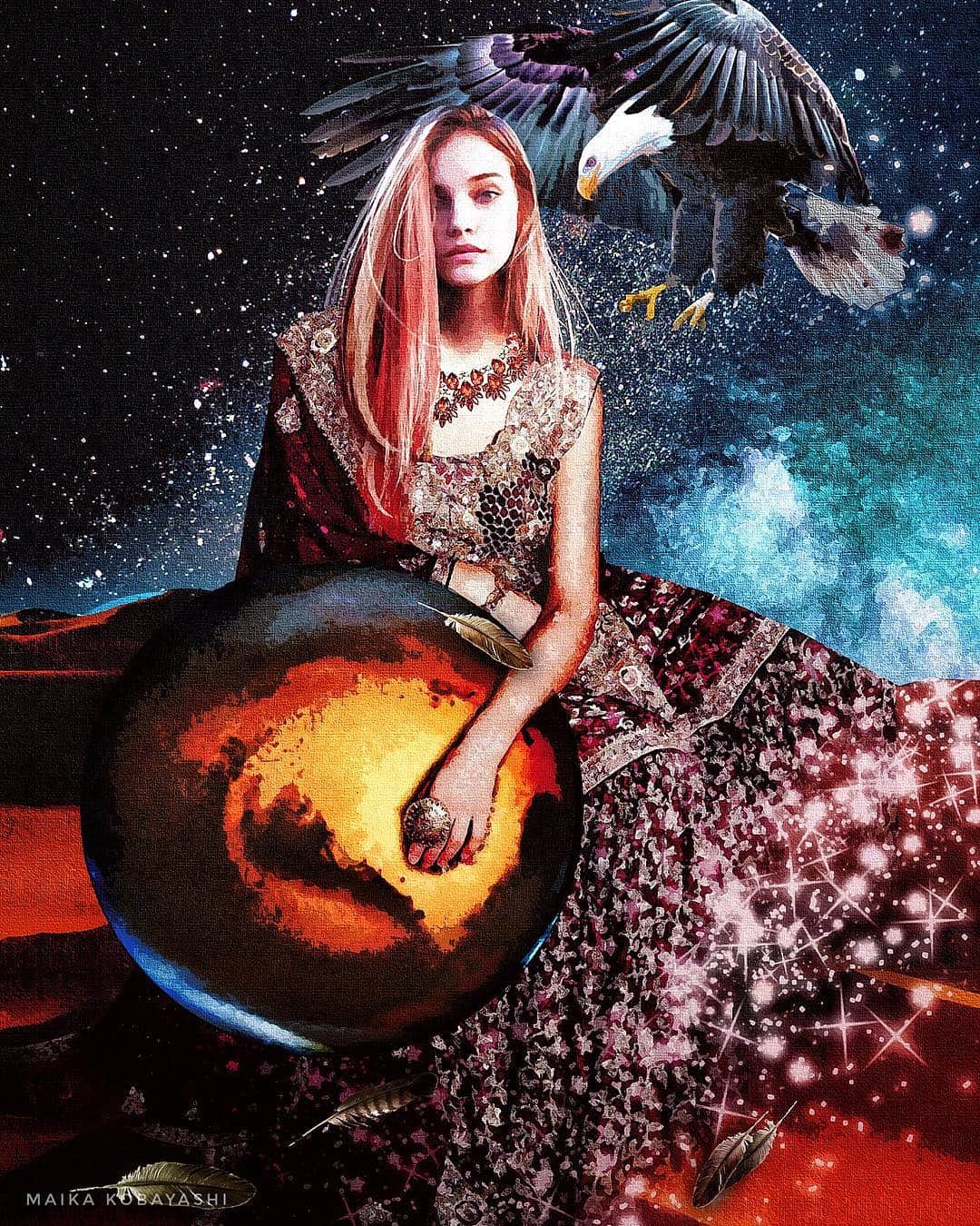 のインスタグラム：「“Mars” . Come see my new series of artwork tonight on Twitter @maikyarian. . http://maika-k.com Email: maika.k.muscovite@gmail.com . . #art #illustration #drawing #draw #angel #arte #love #acrylicpaint #fairytail #london #contemporaryart #contemporarypainting #fantasy #instaart #artsy #exhibition #earth #gallery #masterpiece #fairytale #creative #artwork #acrylic #acrylics #fairytail #artofdrawing #artworks #artist_center #MMMexplore #moonlight #modernart @artsy @londonartfair @vanartgallery @themuseumofmodernart @coldplay @artnet @artnewsmag @theguideartists」