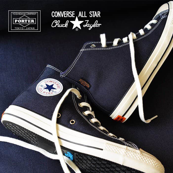 吉田カバン グランフロント大阪 のインスタグラム：「「PORTER×CONVERSE ALL STAR® 100」を発売します。  コンバースのオールスター生誕100年を記念した「ALL STAR® 100」とコラボレーションしたオリジナルスニーカーを発売します。  絶妙な風合いと独特な光沢感が魅力の人気シリーズ「PORTER SMOKY」のコーデュラ®ダック生地をアッパーに採用しています。さらに、上品で落ち着いたネイビーカラーとは対照的に、ポーターを印象付けるオレンジカラーをヒールラベルやブランドロゴをプリントしたインソール、後部に取り付けたピスネームに配して、デザインアクセントにしています。「ALL STAR® 100」の機能性に加え、ポーターならではのこだわりが詰まったスペシャルアイテムです。  吉田カバン製オリジナルの巾着と合わせての販売になります。  このアイテムは、KURA CHIKA YOSHIDA（表参道・丸の内・大阪）、PORTER STAND（品川駅店・東京駅店）、KURA CHIKA by PORTER（国内のみ）、オフィシャルオンラインストアでの限定発売です。  PORTER×CONVERSE ALL STAR® 100　￥15,000(税別) 発売日：11月11日（土） サイズ展開：23.0、24.0、26.0、27.0、28.0、29.0cm  完全数量限定につき、在庫がなくなり次第終了となります。 詳細につきましては直接店舗まで問い合わせください。  是非この機会に店頭でお手にとってご覧ください。 "PORTER×CONVERSE ALL STAR® 100" will be released.  We will be releasing exclusive sneakers in collaboration with the "ALL STAR® 100" model which is the 100th anniversary model of CONVERSE ALL STAR.  The upper applies the Cordura® Duck material with perfect texture and shine which is used in the best selling "PORTER SMOKY" series. In contrast with the chic navy color material, we have applied the PORTER signature orange color on the insole (heel label and the brand logo) and the small tab label on the back side as design accents. It is a special model of the functional "ALL STAR® 100" combined with the unique details of PORTER.  It would be sold in a set with a Yoshida & Co. Original drawstring bag.  This item is exclusively available at KURA CHIKA YOSHIDA "Omotesando, Marunouchi, and Osaka), PORTER STAND "Shinagawa station and Tokyo station), KURA CHIKA by PORTER (domestic only), and our Official Online Store.  PORTER×CONVERSE ALL STAR® 100　￥15,000(＋tax) Release Date: November 11th (Sat) Available Sizes: 23.0、24.0、26.0、27.0、28.0、29.0cm  Quantity is limited. Sales will end as soon as we are out of stock.  Please take a look at them in store on this occasion.  #yoshidakaban #porter #luggagelabel #吉田カバン #ポーター #porteryoshida #kurachikayoshida #porterstand #kurachikabyporter #madeinjapan #japan #converse #allstar #chucktaylor #allstar100 #shoes #kicks #new #anniversary」