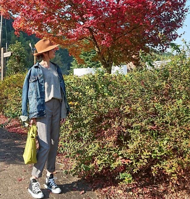 gayo01のインスタグラム：「昨日のコーデ🍁 . 背景と同化して、見つけにくいコーデ😂🍂🌾 . hat... #rosebud  outer... #zara tops · bottoms... #uniqlo bag... @fromscratch_50  shoes... #converse . #ootd #outfit #fashion #instafashion #coordinate #locari #sneakers #denim #uniqloginza #converseallstar #fromscratch_50 #ユニクロ #上下ユニクロ #グレンチェック #ザラ #gジャン #トートバッグ #スニーカー #コンバース #大人カジュアル #プチプラコーデ #シンプルコーデ」