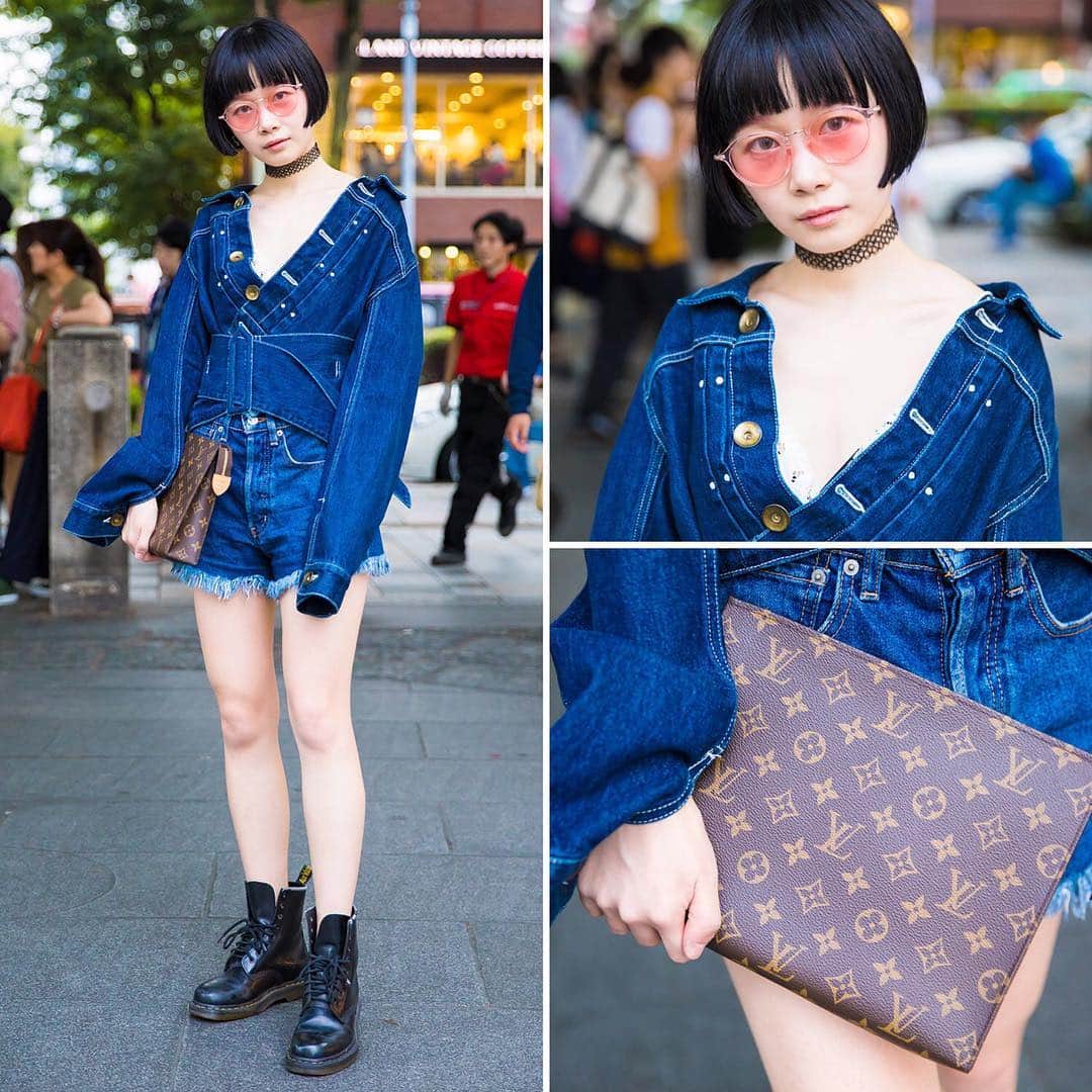 Harajuku Japanさんのインスタグラム写真 - (Harajuku JapanInstagram)「Lois (@Lois_z) on the street in Harajuku wearing a denim jacket by the Japanese designer Mihara Yasuhiro with Moussy denim shorts, Dr. Martens boots, and a Louis Vuitton clutch bag.」11月15日 23時01分 - tokyofashion