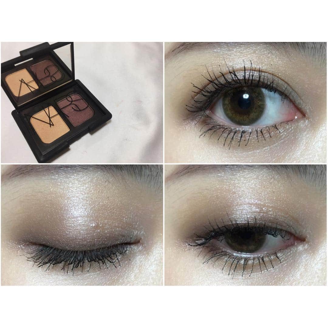 Mihoのインスタグラム：「▼ makeup . #今日のメイク 💄💓 . . . NARSのクリスマスコフレ デュオアイシャドー 3912を使ってみた❤︎ . 見た目より落ち着いた発色で使いやすい😊 . 右の色がけっこう濃いので、横割りより縦割りの方が可愛いかな( ´ ω ` ) . . 今日はアイラインなしで、マスカラとシャドウのみʔ•̫͡•ʕ . カラコンはレヴィアのペールミラージュ✧ . . . . #makeup #eyemakeup #eyeshadow #NARS #メイク #アイメイク #カラコン #ナーズ #アイシャドウ #クリスマスコフレ #レヴィア #ワンデー #ペールミラージュ #ナチュラルメイク #自まつ毛」