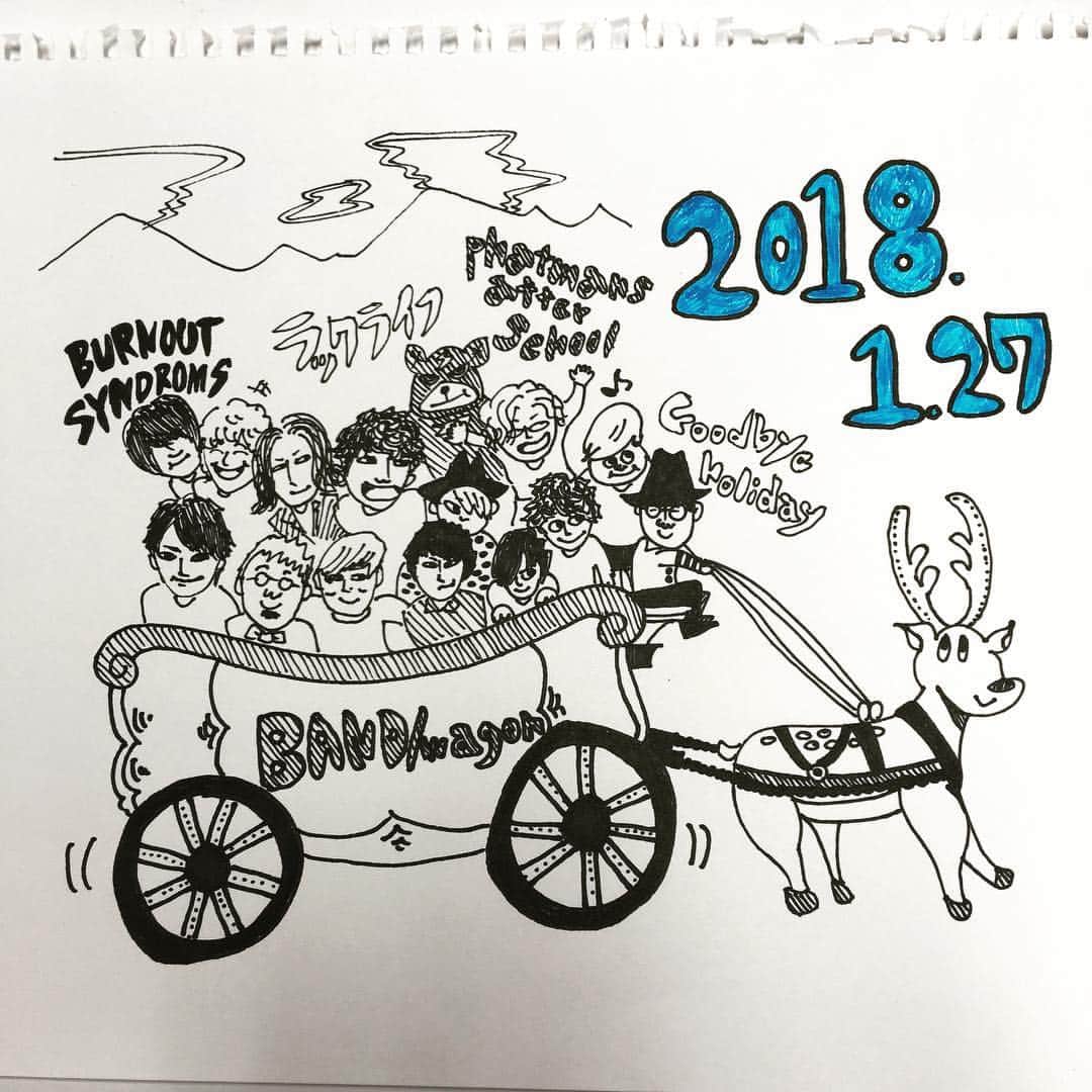 児玉一真のインスタグラム：「2018.1.27 Goodbye holiday presents"BAND/wagon" 地元広島クラブクアトロでのぐっほり初自主企画。来場者全員にプレゼントするこの日限定のポストカードのデザインをしました。俺たちで広島の音楽シーンを盛り上げたい。大好きなバンドが参戦してくれます。広島の人には勿論、全国各地のあなたにも来て欲しいイベント。絶対に良い日にする。よろしくお願いします！ #ぐっほり #ファットマン #バーンアウト #ラックライフ」