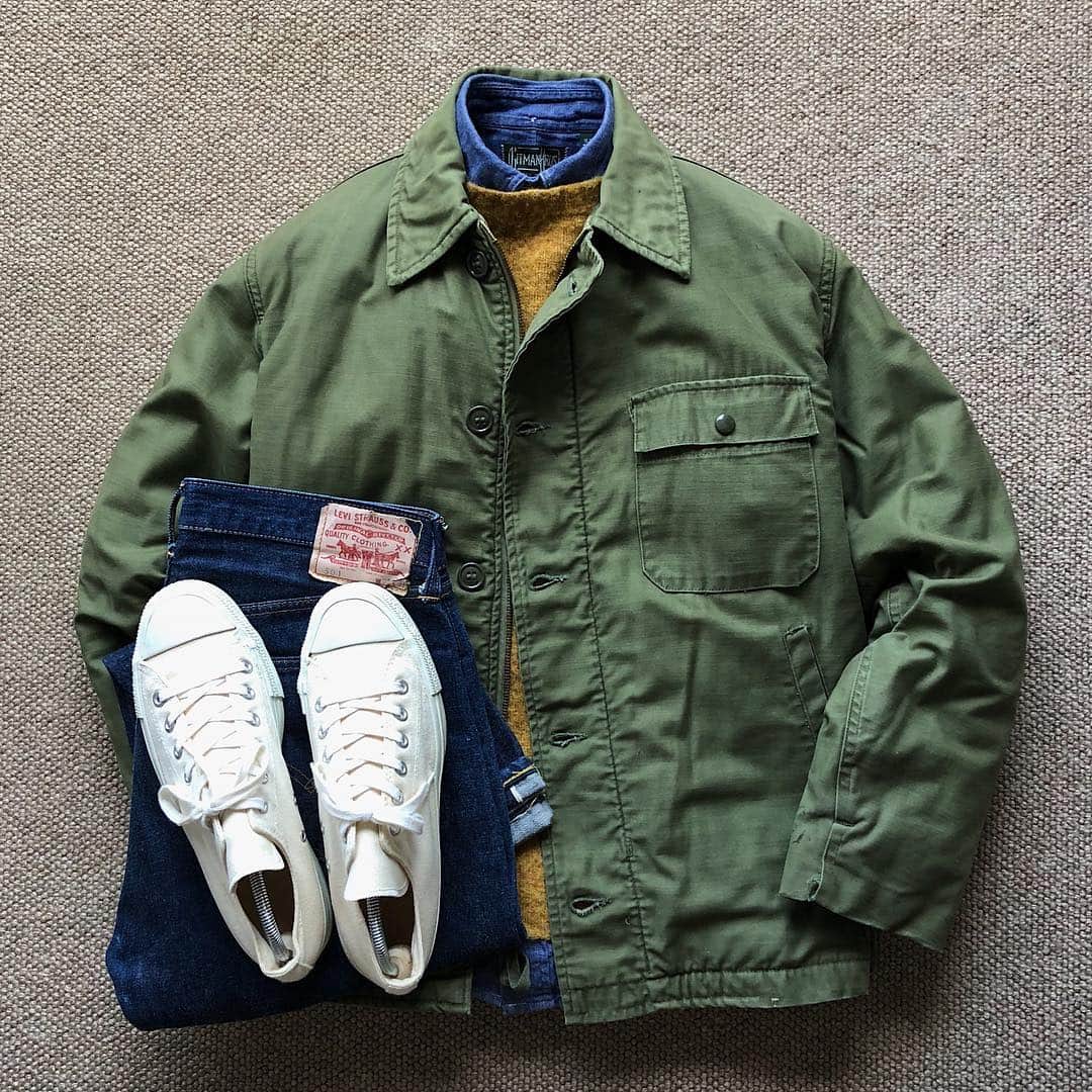 the.daily.obsessionsさんのインスタグラム写真 - (the.daily.obsessionsInstagram)「Today's Outfit. ↓ 60's Vintage U.S.Navy A-2 Deck Jacket #PeterBlance Shaggy Dog Sweater #GitmanVintage Denim BD-Shirt 60's Vintage #Levis #501 #BigE Capital E-Model 70's Vintage #Converse U.S.ARMY Gym Shoes Made in USA」12月19日 8時21分 - the.daily.obsessions
