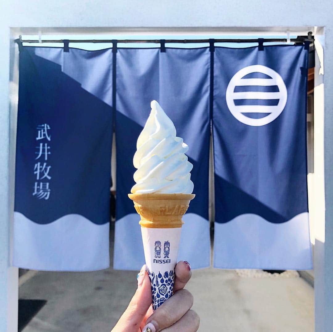 岩崎志保のインスタグラム：「ただいま静岡〜🗻 おやすみ期間を使ってしばらく帰れてなかった地元に！両親から聞いた最近地元で流行っているらしい『武井牧場』のソフトクリームを食べて来た🍦めちゃくちゃ濃厚で美味しかった、、、 国道1号線を少し入ったところにあるので、近くに来た時はぜひ行ってみてください！店構えもお洒落だったし暖簾もかわいい🐄💙 #武井牧場 #ソフトクリーム #🍦#静岡県 #沼津市 #沼津 #地元」