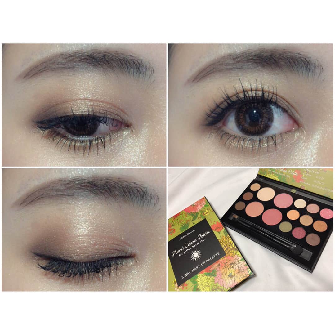 Mihoのインスタグラム：「▼ makeup . . iPhone変えたら写りが前と違って戸惑う。笑 . . 今日は @cosmetic.malibu のメイクパレットを使ってメイク💄 . このパレット、ブルーベース用とイエローベース用の２つがあって、わたしはイエローベース用💓 . なんと1500円( 税抜 )という驚きの安さ( ºωº )♡ . アイシャドウ、チーク、アイブロウ、ノーズシャドウをこのパレット１つで✧ . . 使ったお色は2枚目に（＾ω＾） . ❶ 眉尻はいつも使ってるKATEのペンシルで眉頭をこのお色で。 . ❷ ノーズシャドウとして眉頭から鼻先に向かって。 鼻先に向かってどんどん薄くなるようにのせてます。 . ❸ ハイライトはチークの境目と、Tゾーンと顎先に。 . ❹ オレンジチークを頬骨に沿って広げる。 . ❺ 赤みのあるこの色を頬骨の1番高いところにだけ軽く重ねる。 . ❻ アイホール全体と涙袋に。 . ❼ 二重幅よりやや広めに広げて、下まぶたの黒目下から目尻にかけて太くなるようにのせる。 . ❽ 上目尻に三角をかくようにのせて、下まぶたは目尻のまつ毛生え際に沿ってアイラインを引くようにのせる。 . . こんな感じです☻﻿ . 線入れようかと思ったけど、ごちゃごちゃするからやめた。笑 . . カラコンはリココのクラシカルブラン✨ . . . . . #makeup #malibu #malibubeauty #makeuppalette #cosmetics #メイク #アイメイク #カラコン #マリブ #マリブビューティー #メイクパレット #プチプラ #プチプラコスメ #メイクプロセス #自まつ毛 #まつげパーマ #リココ #ワンデー #今日のメイク」