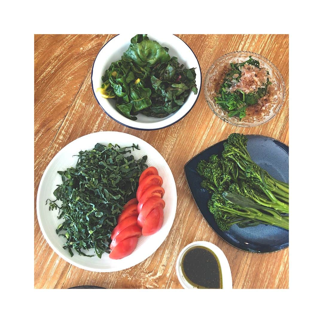 Rioさんのインスタグラム写真 - (RioInstagram)「収穫した野菜達🥦✨ ケールにスティックセニョール 海外の赤・黄ほうれん草にノーマルほうれん草  ケールサラダは バルサミコハニービネガードレッシングにしたょ〜✨ オリーブオイルにビネガー、バルサミコ酢 ハニーに胡椒や薄口醤油で 作りましたーーーー✨🌈」12月28日 13時29分 - rio_lv_vly