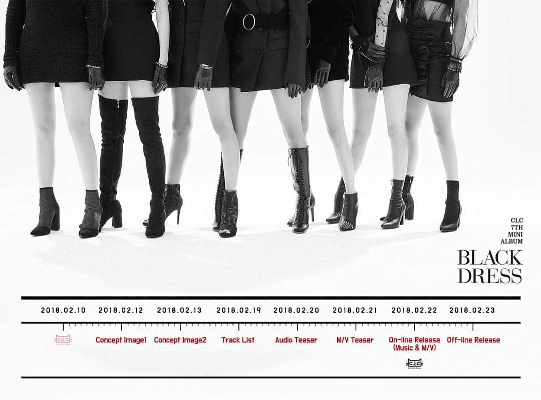 ソンのインスタグラム：「#CLC 7th Mini Album [#BLACK_DRESS] Comeback Schedule 🖤 2018.02.22 18:00 (KST)  #씨엘씨 #블랙드레스 #comeback」