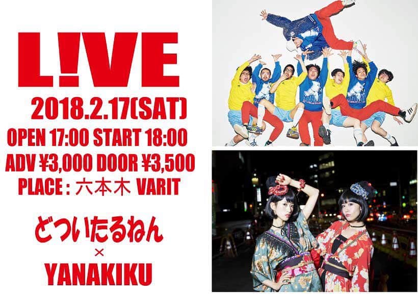 YANAKIKUのインスタグラム：「情報解禁！！ どついたるねんとのツーマンライブでございま鶴！ぜひ遊びに来ておくんなまし！ ・・・ L!VE どついたるねん×YANAKIKU ■DATE:2018.2.17(日） ■CAST:どついたるねん / YANAKIKU ■PLACE：六本木VARIT. ■OPEN 17:00 START 18:00 ■ADV \3,000 DOOR \3,500 ※drink代別￥600 ■チケット販売方法  イープラス ・アーティスト予約 入場順：プレイガイド → 手売り → 予約順 #どついたるねん #YANAKIKU」