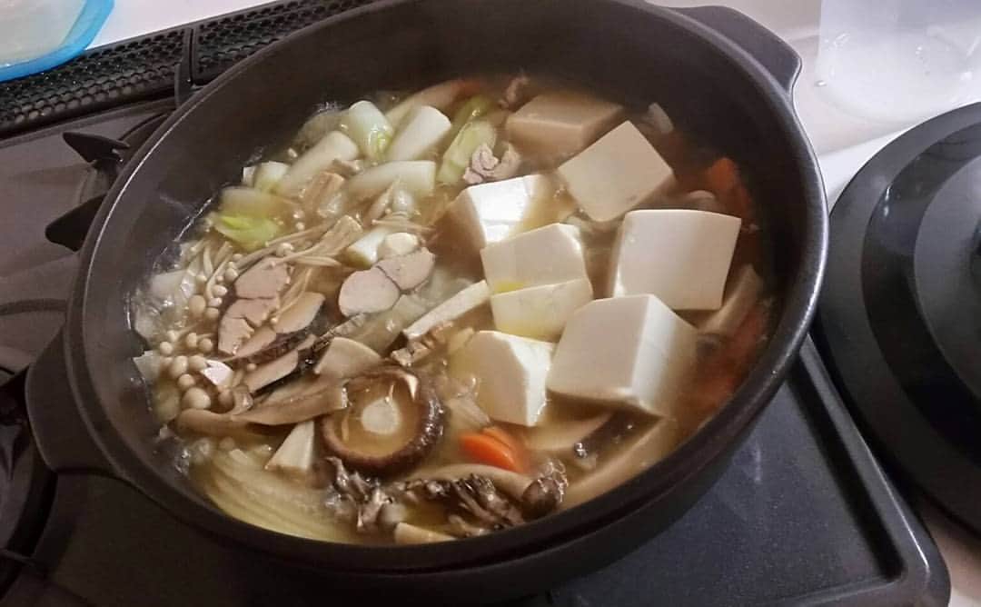 高梨雄平のインスタグラム：「今日で食材使い切りだからと思ってきのこ鍋にしたら作りすぎた。。。 明日からキャンプ頑張りましょーう♪」