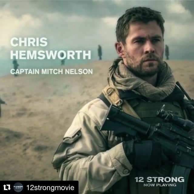 のインスタグラム：「#Repost @12strongmovie ・・・ Don't miss @chrishemsworth as Captain Mitch Nelson in #12StrongMovie, now playing everywhere. Get tickets: LINK IN BIO」