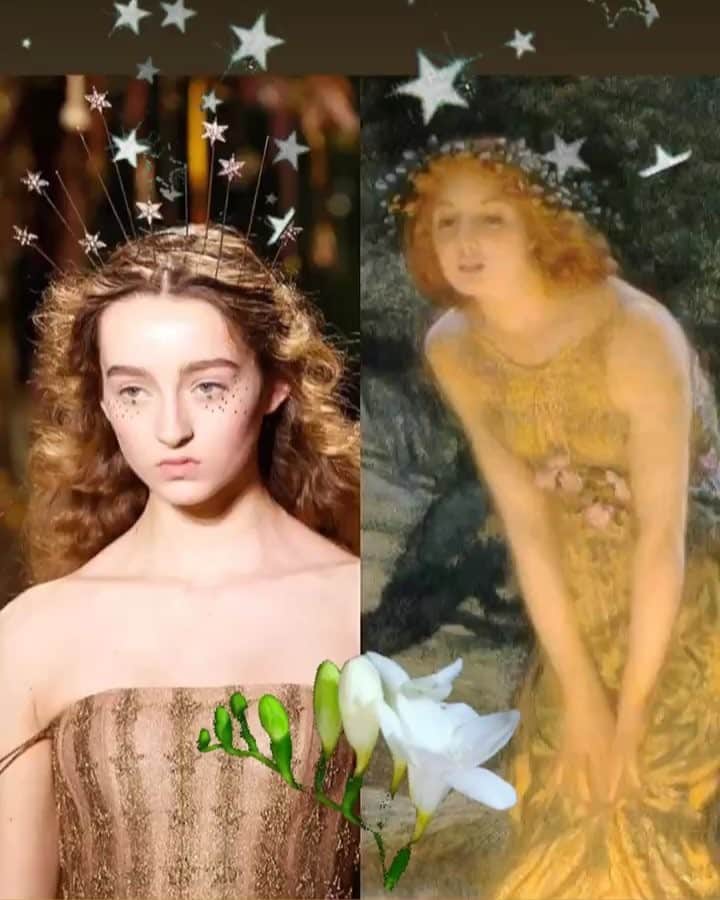 のインスタグラム：「GIF楽しい🕺 @preraphaelitegarment 🌟 🔗E. R. Hughes's Midsummer Eve (1909) #preraphaelitegarment  #fashioniminatesart #artoftheday #aotd #ERHughes #victorian #fairypainting #fairygenre #dior #diorcouture #mariagraziachiuri #peterphilips #NaokosFashionDiary #NaokosCultureDiary」