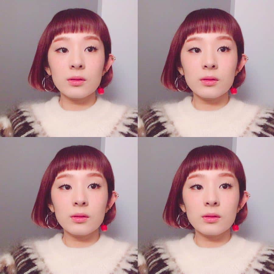 HALCALIのインスタグラム：「最近の耳元事情👂🏻👂🏻 @e.m.portrait のさくらんぼがお気に入り🍒耳元からちょっぴり春♡ゴールドとシルバーもごちゃ混ぜでイヤーカフとか色々付けるのが気分💫少し久々のミニマムなボブにも合う🎶そして髪色はやっぱりアメリカンチェリーな感じがしっくりくるなー🍒🍒🍒 #きょとん顔 #耳デカ #耳たち #👂🏻#ボブ #hairstyle #haircolor #そばかす #隠せる #ファンデーション #知りたい #春コスメ #買いたい」