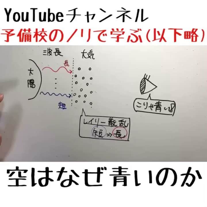 たくみのインスタグラム：「空が青いのは俺が世界をそう創ったからさ。と思うことはありませんか？僕はありません。 . レイリー散乱は光の波長よりも十分に小さい粒子に対して起こる散乱で、キチンと理解するためには『量子力学』を学ぶ必要があります。 . また、より短波長である「紫色」でない理由は人間の眼の紫色に対する認知強度の違いで説明されます(生理学的な理由)。 . 君の顔色が悪いのはレイリー散乱のせいじゃないよ。 . #大陽ってなんだよ #ヨビノリ #1分解説 #物理 #空の色 #勉強垢 #大人の勉強垢 #勉強垢さんと繋がりたい #勉強垢さんフォロバします」