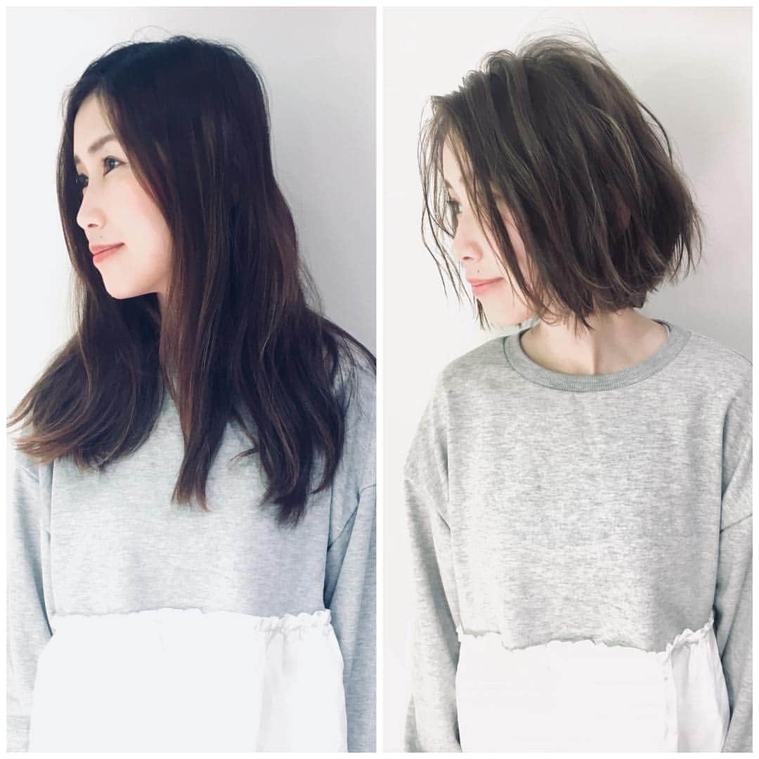 のインスタグラム：「ビフォーアフター サイドシルエット♫  カット&カラー&パーマ♫  #奈良 #高の原 #美容院 #美容室 #ヘア #ヘアアレンジ #ボブ #サイドシルエット #撮影 #サロモ #バレイヤージュ #ウィービング #アレンジ #美容師 #奈良お釈迦わ部 #外国人風カラー #ヘアスタイル #髪型 #アッシュ #ハピネス #くせ毛 #活かす #くせ毛カット #エヌドット #バイオレット #グレージュ #パーマ #クリープパーマ #デジタルパーマ #グレージュ」