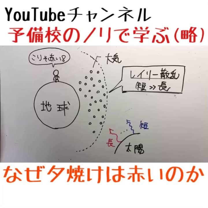 たくみのインスタグラム：「赤とんぼになって大空に羽ばたきたい。と思うことはありませんか？僕はありません。 . 夕焼けが赤くなる物理学的機構は、空が青い理由と全く同じです。なんだか神秘的ですよね？これから単に外を歩くだけでも楽しくなる時間が増えると思います。 . 君が好きな子の前で真っ赤になるのはレイリー散乱のせいじゃないよ。  #ヨビノリ #1分解説 #物理 #科学 #太陽 #夕焼け」