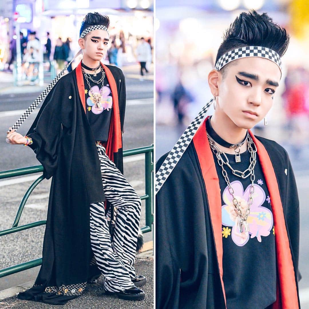 Harajuku Japanさんのインスタグラム写真 - (Harajuku JapanInstagram)「16-year-old Japanese student BilliMayu (@mayu_fancy) on the street in Harajuku wearing a kimono coat from Chicago (the name of a Tokyo vintage shop) , a Peco Club t-shirt, zebra striped pants from WC Harajuku, patent shoes, and Romantic Standard accessories.」3月9日 17時59分 - tokyofashion