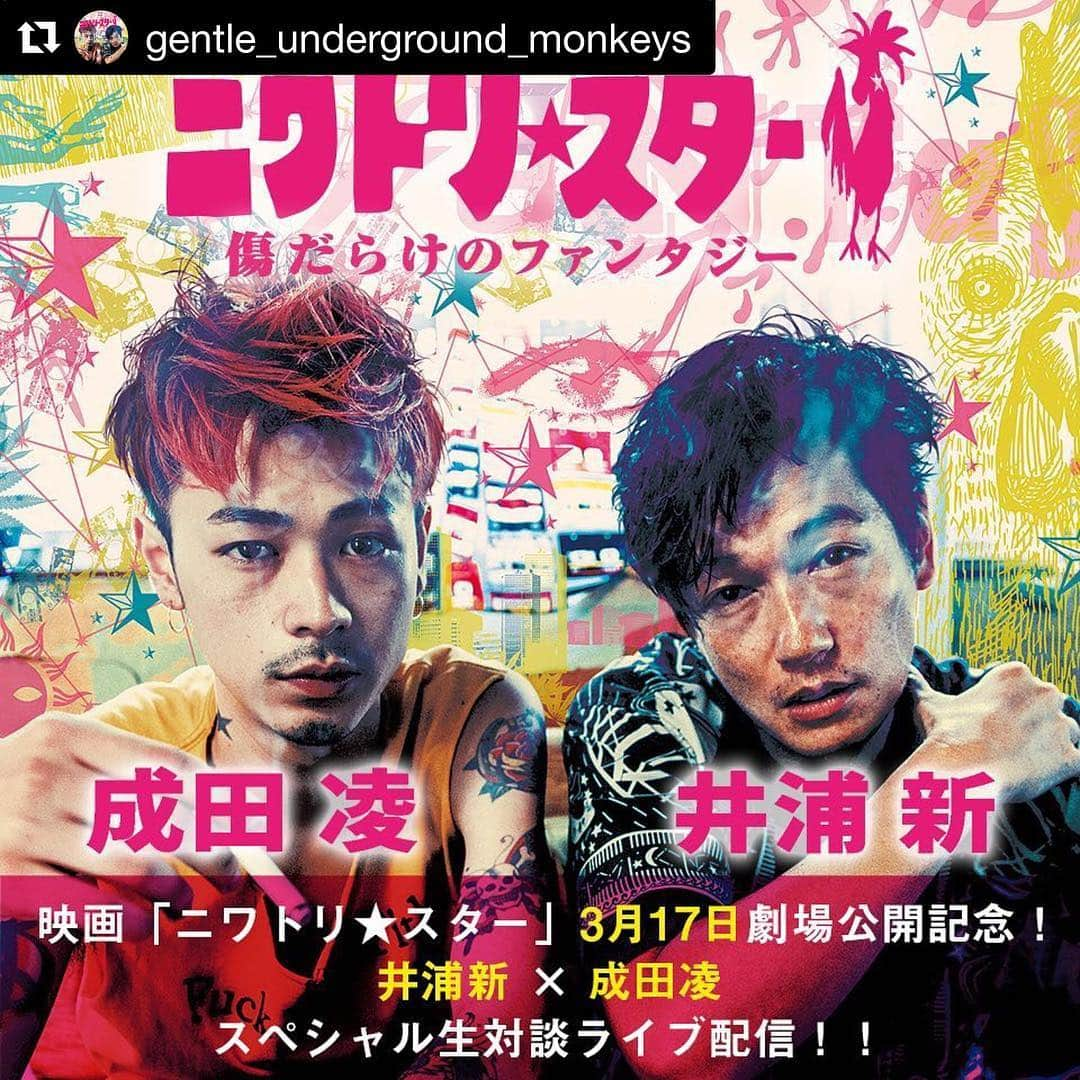 井浦新さんのインスタグラム写真 - (井浦新Instagram)「ニワトリ★スター公開記念として 3月12日（月） 成田の凌とライブ配信で一本勝負を行います💥💥💥 詳しくは⬇︎コチラ #Repost @gentle_underground_monkeys with @get_repost ・・・ 【緊急ライブ配信！】 3月12日（月） #井浦新 さん #成田凌 さんのスペシャル対談の生放送が決定しました！ LINE LIVE にてライブ配信！是非、友達追加してお待ちください！プレゼントもあるかも？！ 放送開始は17時を予定しておりますので、お楽しみに！🐔★ https://live.line.me/channels/75/upcoming/7567897 #ニワトリスター」3月10日 23時02分 - el_arata_nest