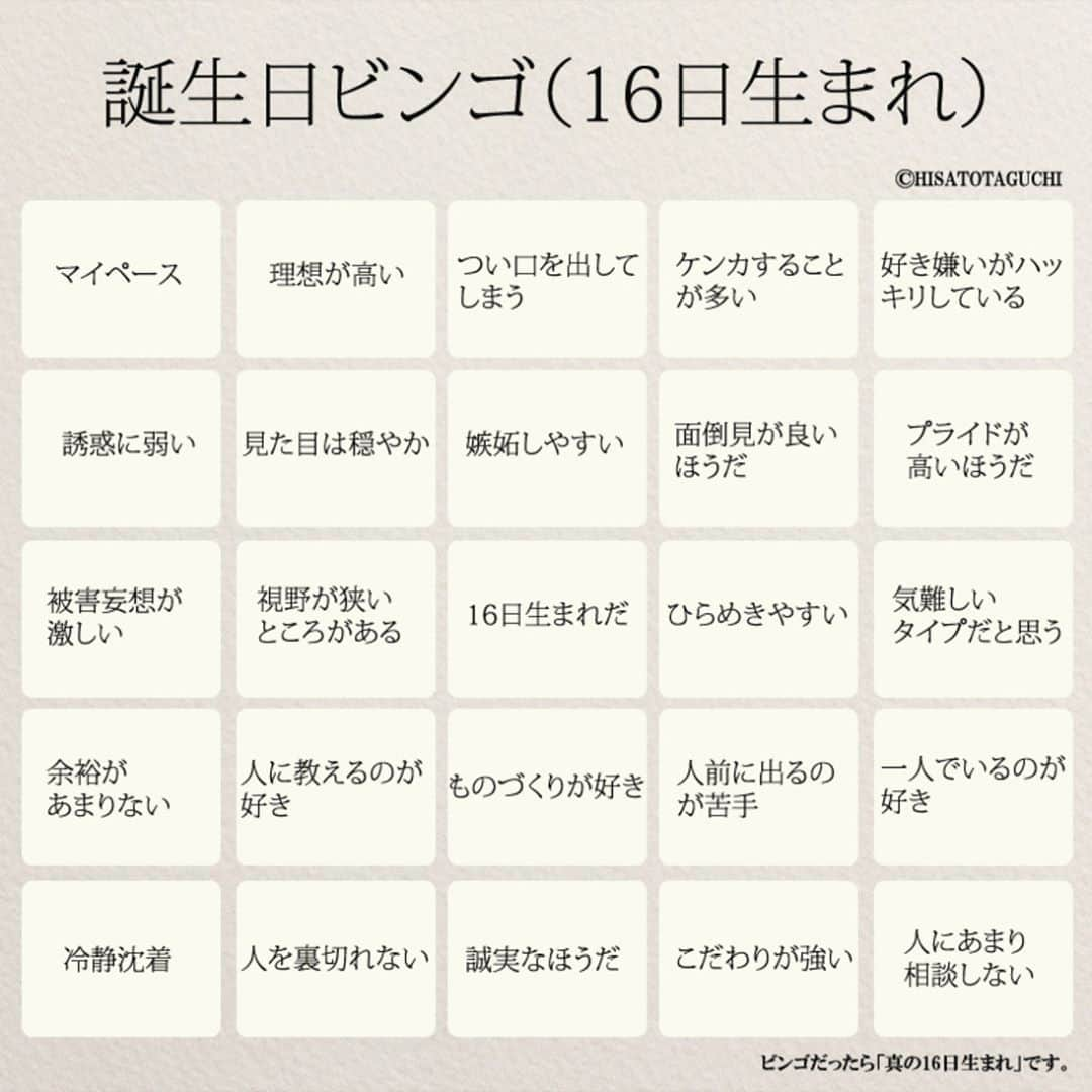 yumekanauさんのインスタグラム写真 - (yumekanauInstagram)「「誕生日ビンゴ(16日生まれバージョン）」本日お誕生日の方、おめでとうございます！もしも、まわりにお誕生日の方がいれば画像をプレゼントしてください。 . また、3月以外の#16日生まれ の方もチャレンジを。#血液型ビンゴ の結果と合わせてみると面白いかもしれません。 . . 3月16日の生まれの著名人には「#高橋大輔 」「#矢沢心 」「#長野翼 」がいます。 . . . . . #誕生日ビンゴ#財務の日#3月16日#16日#日本語勉強#占い」3月16日 6時00分 - yumekanau2