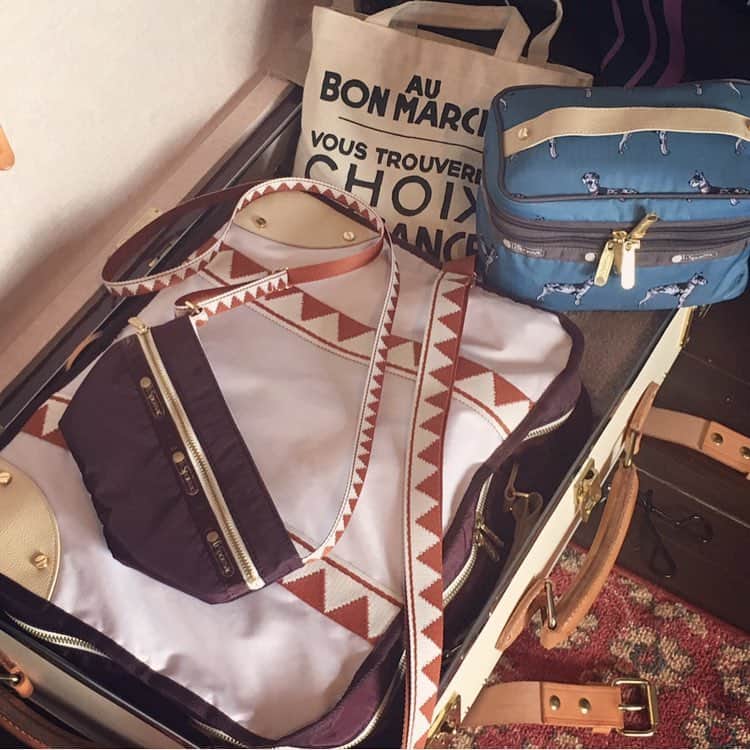 風間ゆみえのインスタグラム：「Lesportsac X Yumie Kazama コラボレーション第三弾🐕 4月4日予約スタート‼︎ 2泊3日には真ん中のサイズのトラベルパッキングポーチでお出かけ。ヴァニティポーチには、スキンケアなどバス用品も入れて。 @lesportsac」
