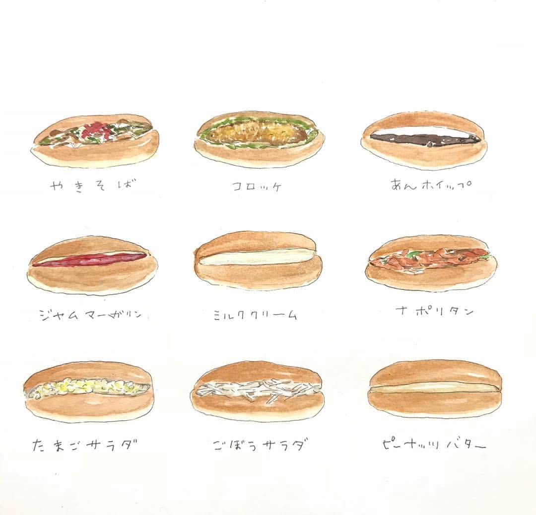 ハルペイさんのインスタグラム写真 - (ハルペイInstagram)「🥖 サンドイッチに続いてコッペパン。 焼きそばとか、ナポリタンとかって 外国人には衝撃的な食べ物みたいね😅 ありえなーい！とか…  たしかに日本そば挟んだらありえないかもなー😭そんな感覚かしら。  #あんホイップ #ミルククリーム #食べたいな  あんことバターの組み合わせ好き❤️ #こっぺぱん #コッペパン #パン#焼きそばパン #ジャムマーガリン  #イラスト#食べ物イラスト#doodle#draw#drawing#illustrator#illustration#art#artwork#instaart#sketch#お絵描き#japan#絵#雑貨#湘南」3月17日 20時06分 - harupeipei
