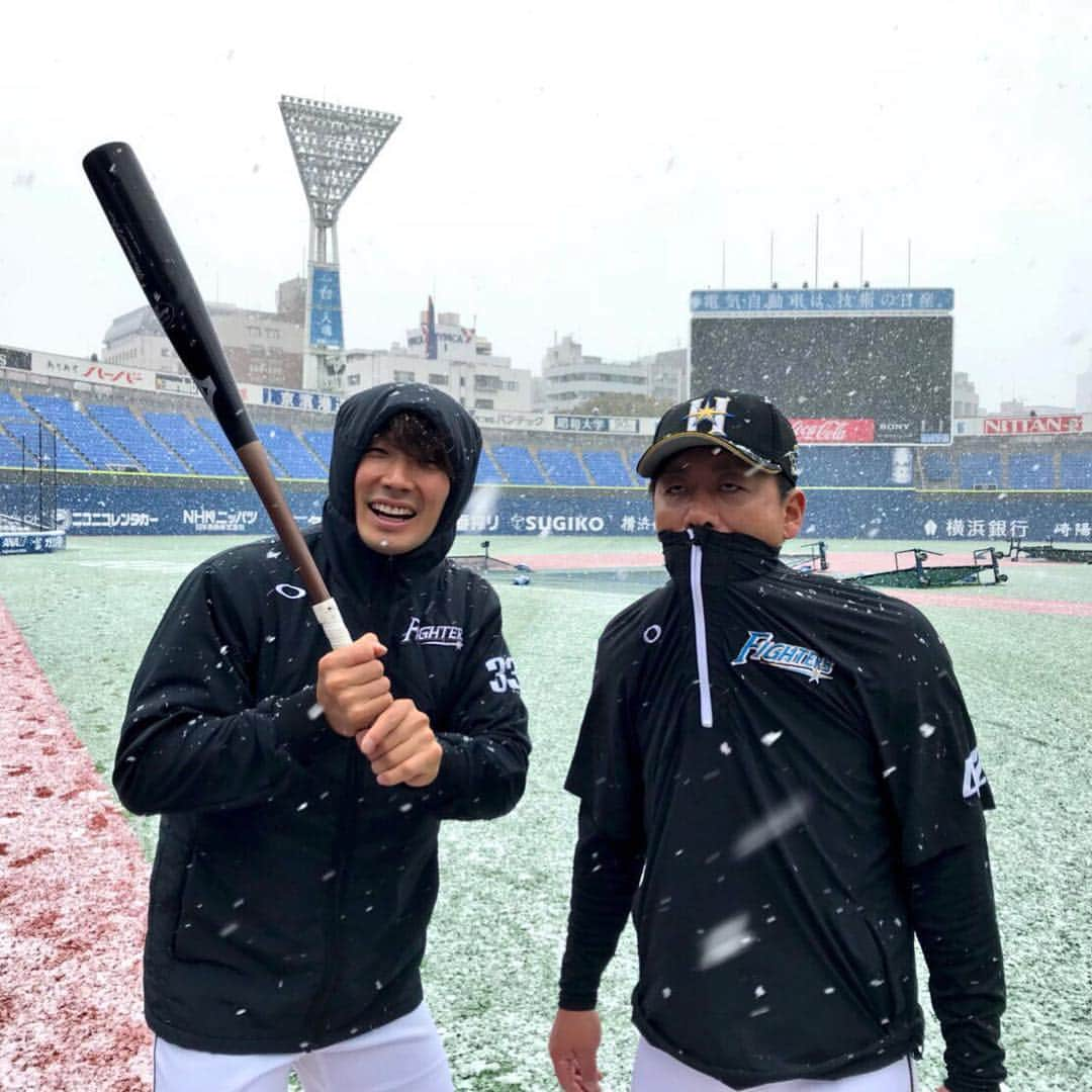 北海道日本ハムファイターズさんのインスタグラム写真 - (北海道日本ハムファイターズInstagram)「さ、寒い…😨❄️⛄️けど野球やりたいっす⚾️ #lovefighters #いちばん青い空にしよう #雪 #ハマスタ #寒いよー #野球やろうぜ #大田泰示 #黒羽根利規」3月21日 13時02分 - fighters_official