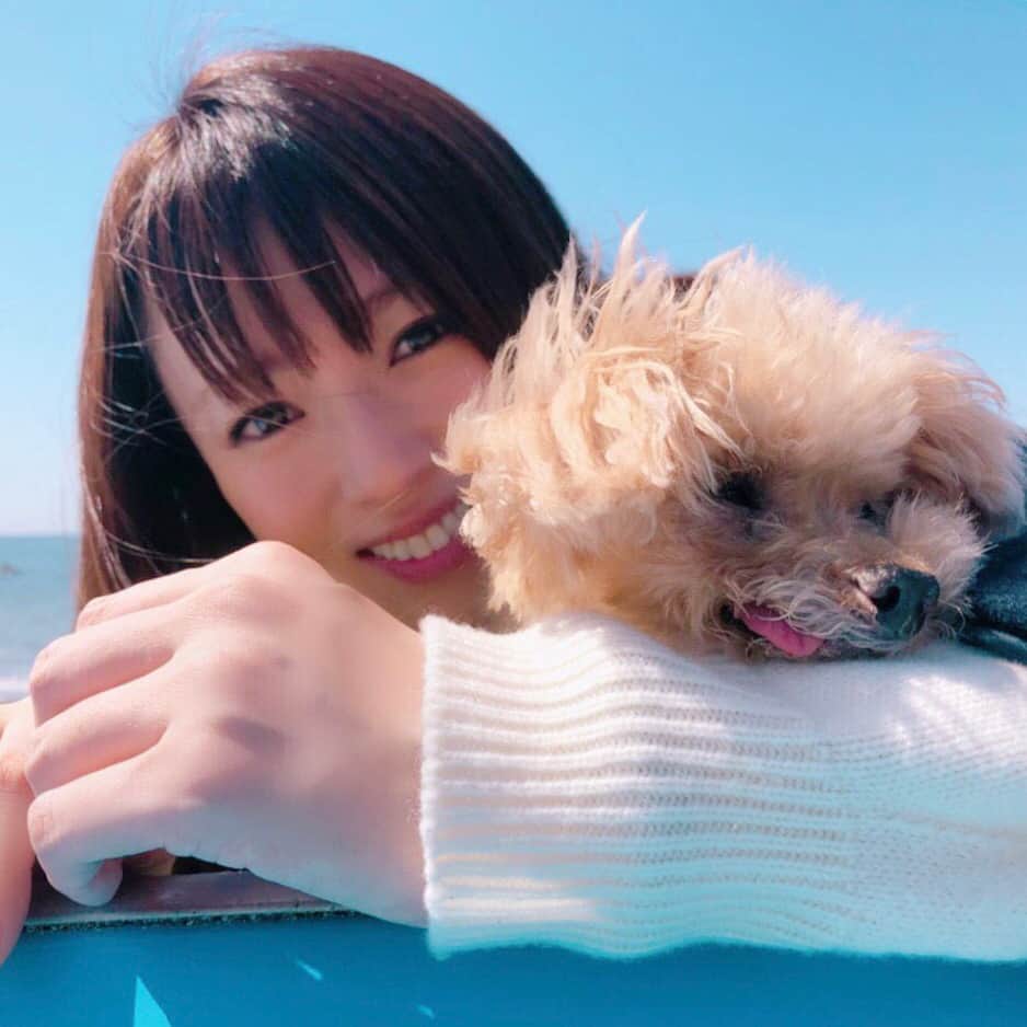 深田恭子のインスタグラム：「ドラマの撮影で海に行きました🐬 小道具で置いてあったボートの上で。だけどなんだかサーフボードにもみえる🏄‍♀️....メロン（犬）をロケに連れて来られたのは久々だったのでとても喜んでいました！（実は私も🤣）あぁまだ寒いけどそろそろ...サーフィンしたくなって来ました🐳 #隣の家族は青く見える #沢山コメントありがとうございます #今夜最終回 #kyokofukada」