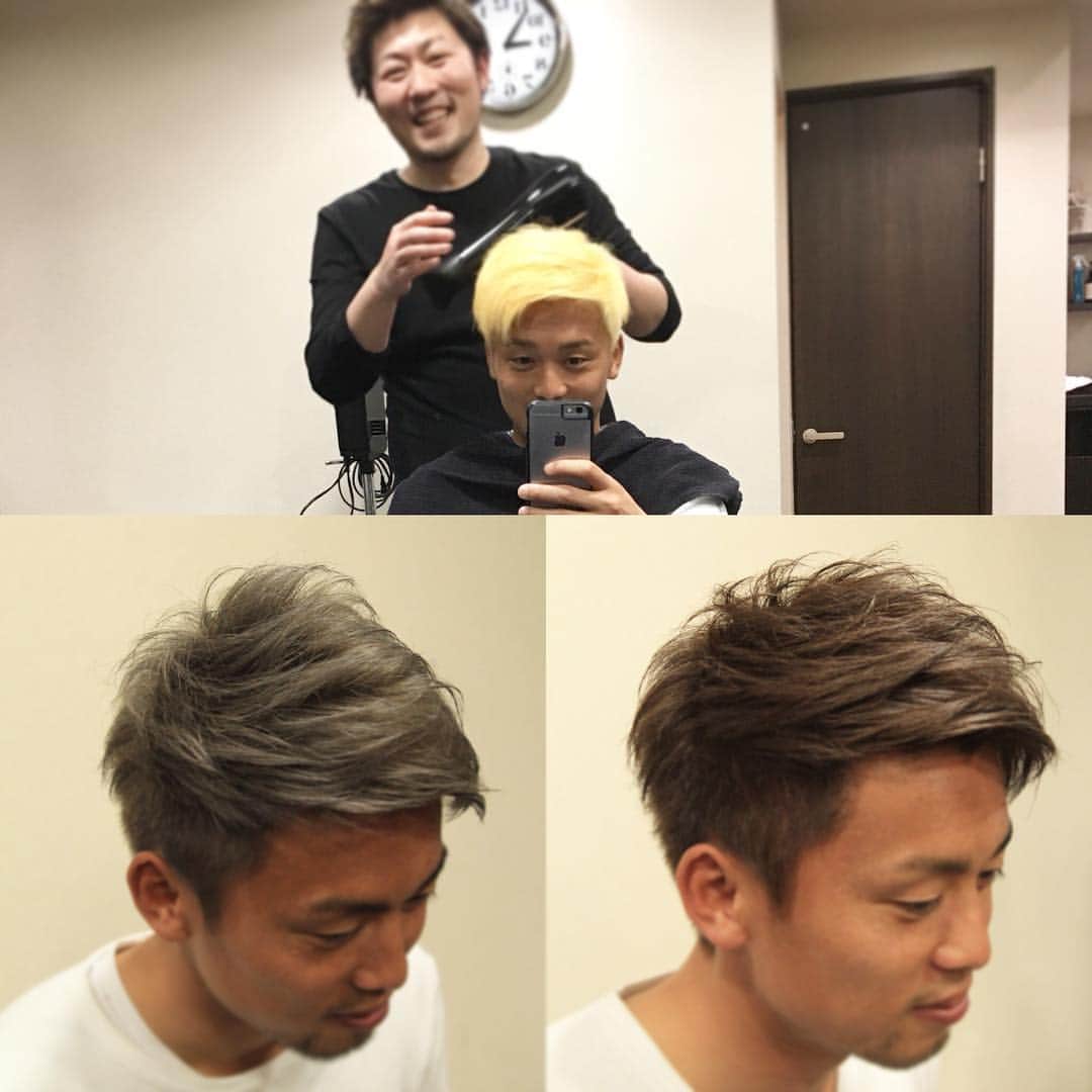 山藤健太のインスタグラム：「いつもお世話になってるDUB-R(ダブル)のやぶさんにいい感じにしてもらいました！ 上の衝撃的な色からスタートして左を経て右が完成！苦労しましたー！笑 細かいオーダーに応えてもらってありがとうございました！みなさんもぜひぜひ行ってみてください🙋‍♂️」