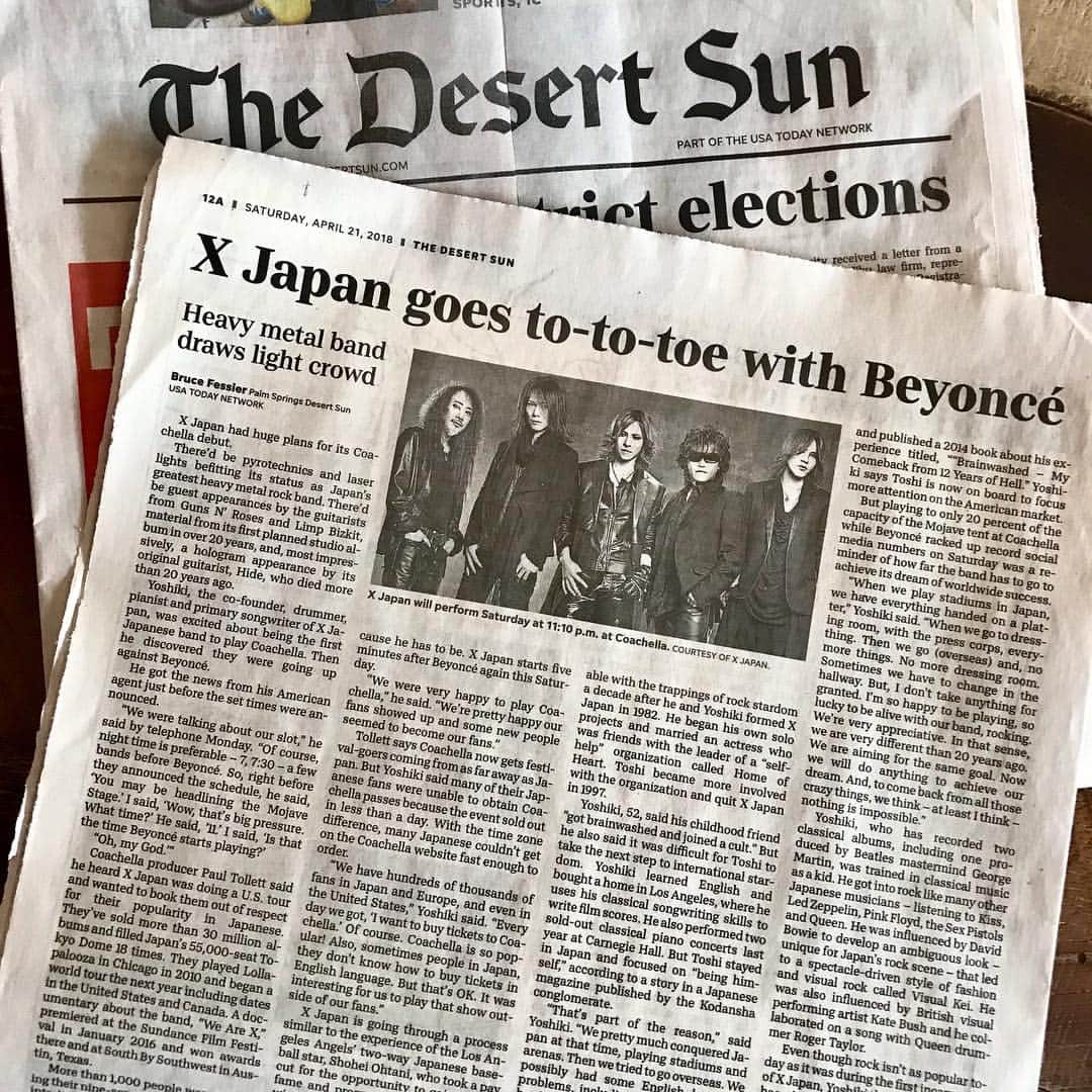 X Japanのインスタグラム：「@DesertSun: "#XJapan goes toe-to-toe with #Beyoncé" at #Coachella. @YoshikiOfficial @XJapanOfficial @coachella https://desert.sn/2HH41re」
