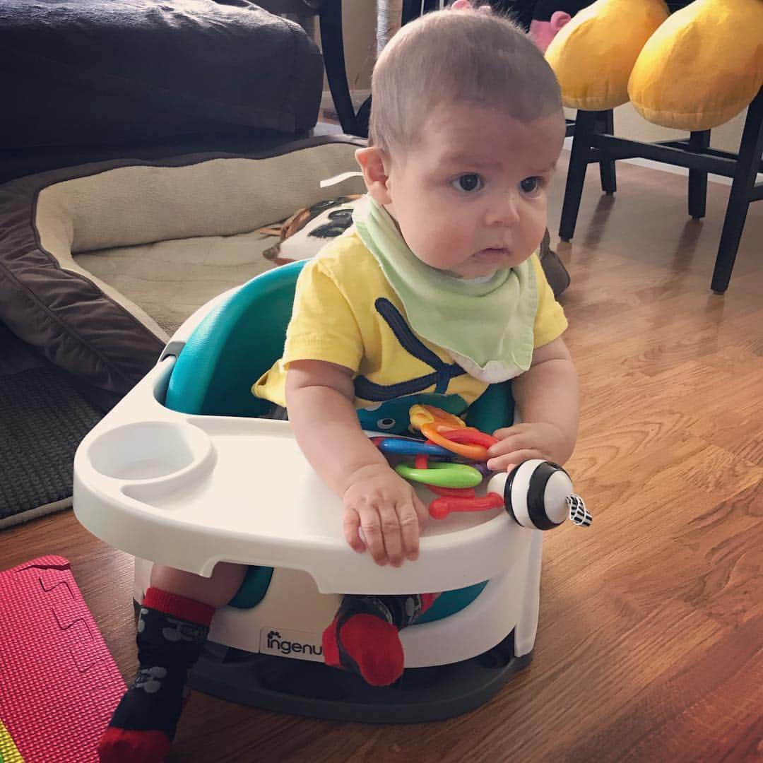 ターニャ・テイトさんのインスタグラム写真 - (ターニャ・テイトInstagram)「Little Ozzie is trying out his new chair. I ordered the #bumbo chair and the #ingenuitychair. I kept the #ingenuity one as there seems to be more room for his chunky legs. He is still not quite mastered sitting up but he will be there soon. He was playing a game of throw the toy 👶🏻🤣🤣🤣 —  #ozzie #oswald #mybabyboy #mybaby #myson #cutebaby #cuteboy #20weeksold #babychair」4月23日 11時20分 - tanyatate