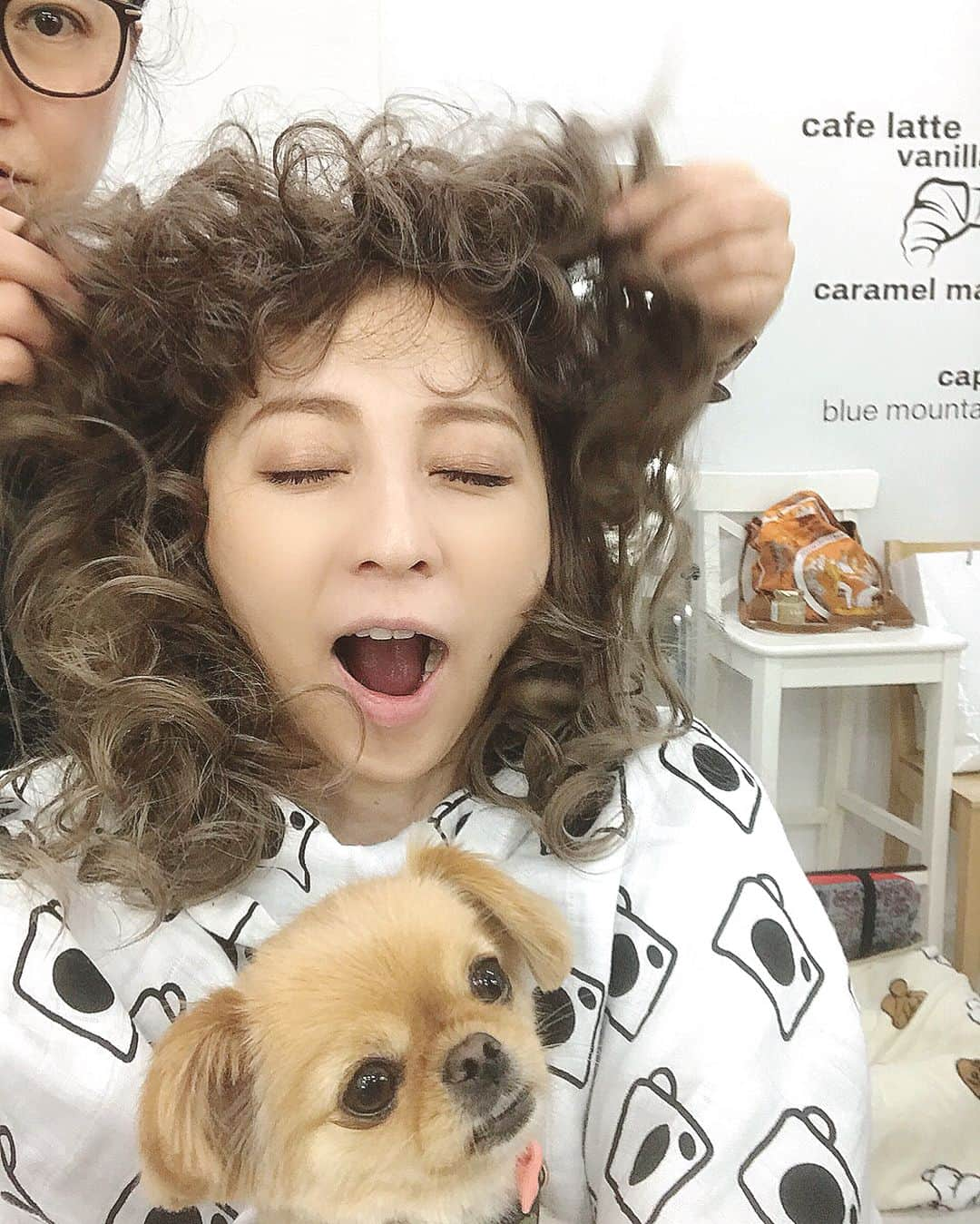 香里奈さんのインスタグラム写真 - (香里奈Instagram)「Kuru kuru curly hair obasan 😎 🌀💫 This hair style is preparing for next cut . Not perfect yet 👶  hahaha〜  これはパーマじゃないよ、 巻いているんだよ、 完成形なわけじゃないよ、 このあと、 Storiesに載せた たけのこの里に繋がっていったりするわけ、 @kibeburu  にやってもらったよ、 いつもありがとうね、 気になる方は 5月売りの7月号のGINGERを見てね、 まだ1カ月位あるけどね、 忘れないでよね、 よろしくね！ ちなみに、一緒に写っている可愛いコは、 @kibeburu の愛犬 ぽちょ だよ、 やっぱり犬はかわいいよ🐩  #iamkarina  #itisnotfake #forreal #curlyhair #notperfectyet  #ginger #dog #チワワ  #小さいけど毛がもこもこしてないから扱いなれていない #トイプードルしか飼ったことない #lovedog #nodognolife  #香里奈 #karina #G香里奈 #gkarina #japanesemodel #富取正明 #PARCO #shibuya #渋谷 #nagoya #名古屋 #tgc #gambit #gifmagazine #gladd #hongkong #香港  #kitec」4月23日 19時15分 - karina_official_221