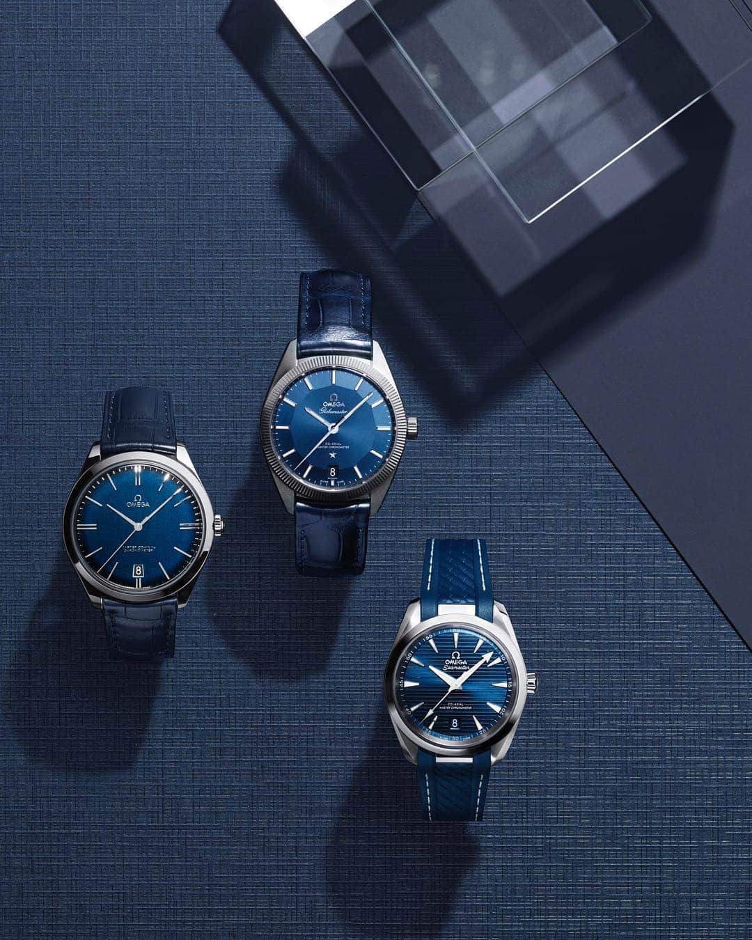 のインスタグラム：「De Ville, Globemaster or Aqua Terra in blue. Got a favourite?  From left: #OMEGA #DeVille Trésor ref. 432.53.40.21.03.001, #Globemaster ref. 130.33.39.21.03.001, #Seamaster #AquaTerra ref. 220.12.38.20.03.001.」