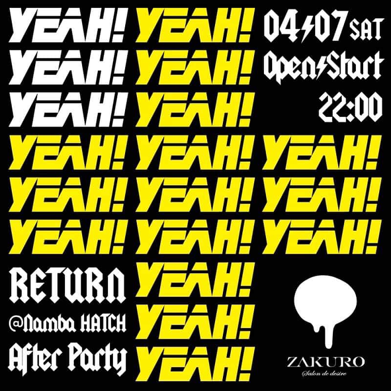 Live & Bar Onziemeのインスタグラム：「YEAH! YEAH! YEAH! in OSAKA -RETURN @Namba HATCH After Party- 2018.04.07. SATURDAY OPEN 22:00 - 4:30 DOOR:  2,000yen 1D  DJ: Tetsushi Hiroyama (RYUKYUDISKO), STEVE708 (SMASH UP), Lichard (Joogoo), TAKAYUKi(AddicteD), U2Ki, KiM  GENRE: Techno, house, electro, etc…  Tetsushi Hiroyama (RYUKYUDISKO)率いる神出鬼没PARTY!『YEAH!YEAH!YEAH!』が、ZAKUROに登場！ 沖縄の伝統音楽とダンス・ミュージックをつなぐ沖縄発のレーベル「RAKUEN RECORDS」のメンバーLichard、 横浜から沖縄に移住し、幅広い音楽バックボーンで音楽活動を続けるSTEVE708を引き連れ、東京に引き続き、 大阪に乗り込んでくる！この勢いで全国ツアー！？ 前回、NEENEEのアフターパーティーでも大いにZAKUROを盛り上げてくれたTetsushi Hiroyama！ 今回も、なんばハッチで行われる「RETURN」のアフターパーティーとして行われる！また何か化学反応が起こるかもです！ ※同日なんばHATCHにて開催の「RETURN」にご来場の方はエントランスフリー（ドリンク代600円のみ） でご入場いただけます。 http://smash-jpn.com/live/?id=2837  22:00 KiM 23:00 U2Ki 24:00 Richard 01:00 STEVE708 02:00 Tetsushi Hiroyama 03:30 TAKAYUki 04:30 End」