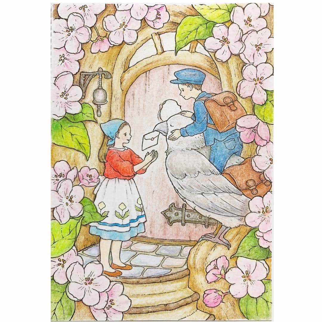 Sora Momoさんのインスタグラム写真 - (Sora MomoInstagram)「周りの花を桜にしたのに、すっかり桜🌸が散ってしまってからやっと完成 春のうちに完成してよかった😆 ☺︎ 春の柔らかな日差しが差し込む明るいイメージを目指しました🌸✨ 郵便屋さんの服を紺色にしたらまた昭和な感じになってしまって😅何度も修正💦 難しいです😣 ☺︎ #塗り絵#大人の塗り絵#桜の花#郵便屋さんの服の色難しい#森の少女の物語 #色鉛筆#tera_nurie」4月7日 23時39分 - teratera_sorapu_