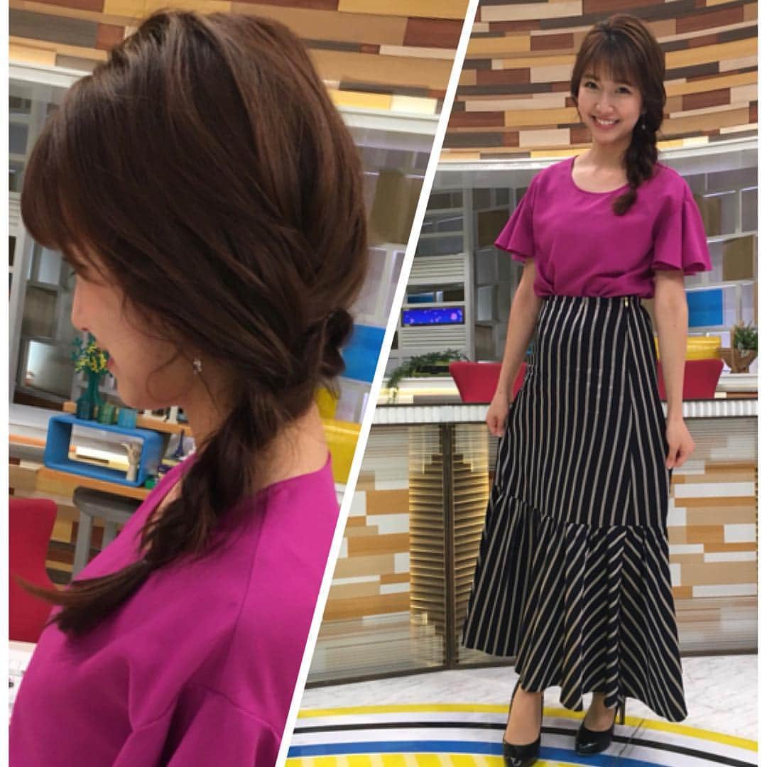 三田友梨佳さんのインスタグラム写真 - (三田友梨佳Instagram)「☆グッディ衣装☆ 今日は今にも踊り出しそうな雰囲気のコーディネートでした♪ 紫のトップスにロングスカート。 髪型はゆる〜い横三つ編みです☆ #グッディ #coordinate #hairstyle」4月10日 21時24分 - yurikamita_official