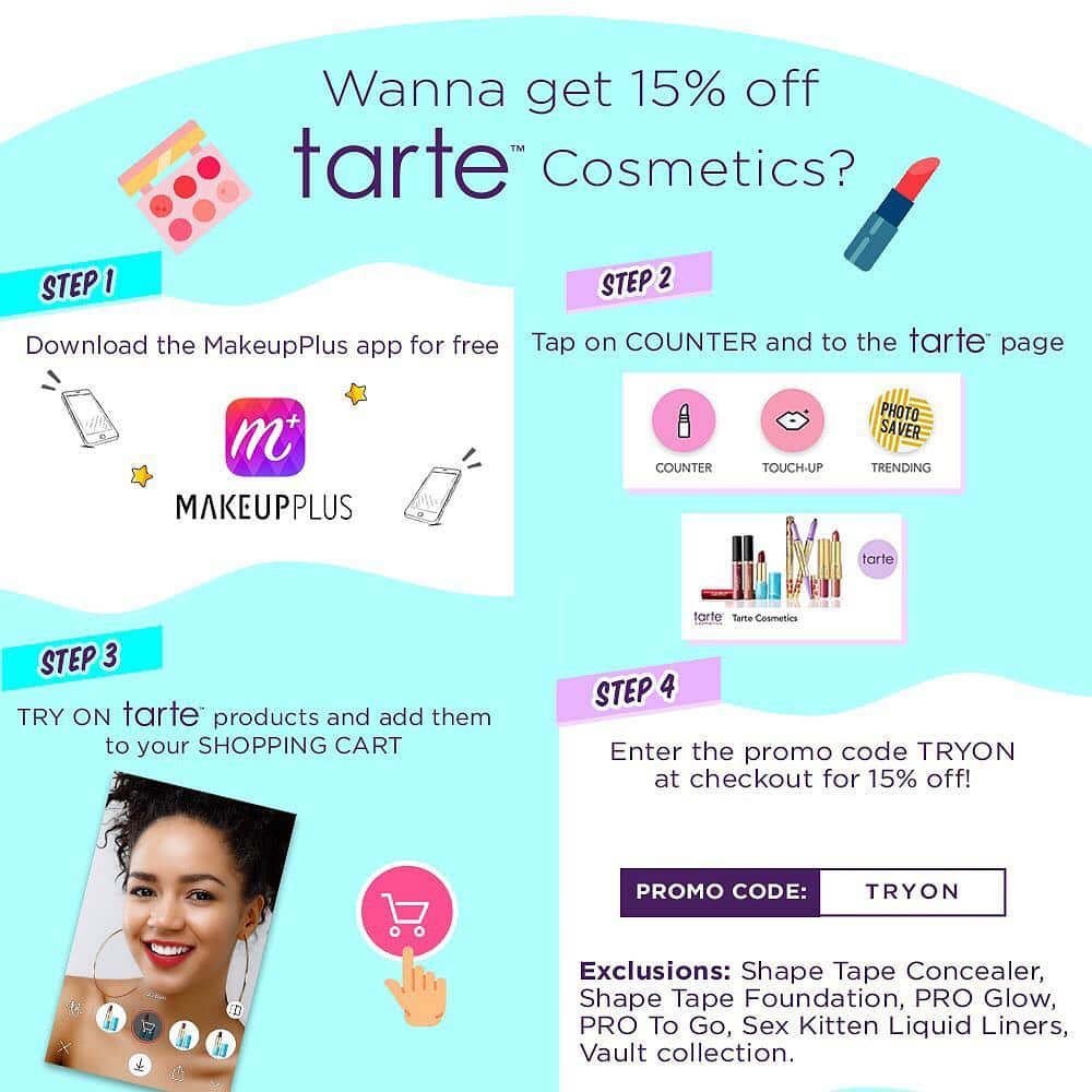 MakeupPlusさんのインスタグラム写真 - (MakeupPlusInstagram)「WHO WANTS 15% OFF @tartecosmetics ? 💄💋 🙋‍♀️🙋‍♀️🙋‍♀️ 1) Download the @makeupplusapp from iTunes or Google Play  2) Go to the Tarte page in Counter 3) Try on your fav Tarte products 4) Use promo code TRYON at checkout 💸💸💸 Don’t wait - this deal ends after May 1!  #tarte #tartecosmetics #MakeupPlusxTarte #makeupplus #MakeupPlusCounter」4月18日 7時56分 - makeupplusapp