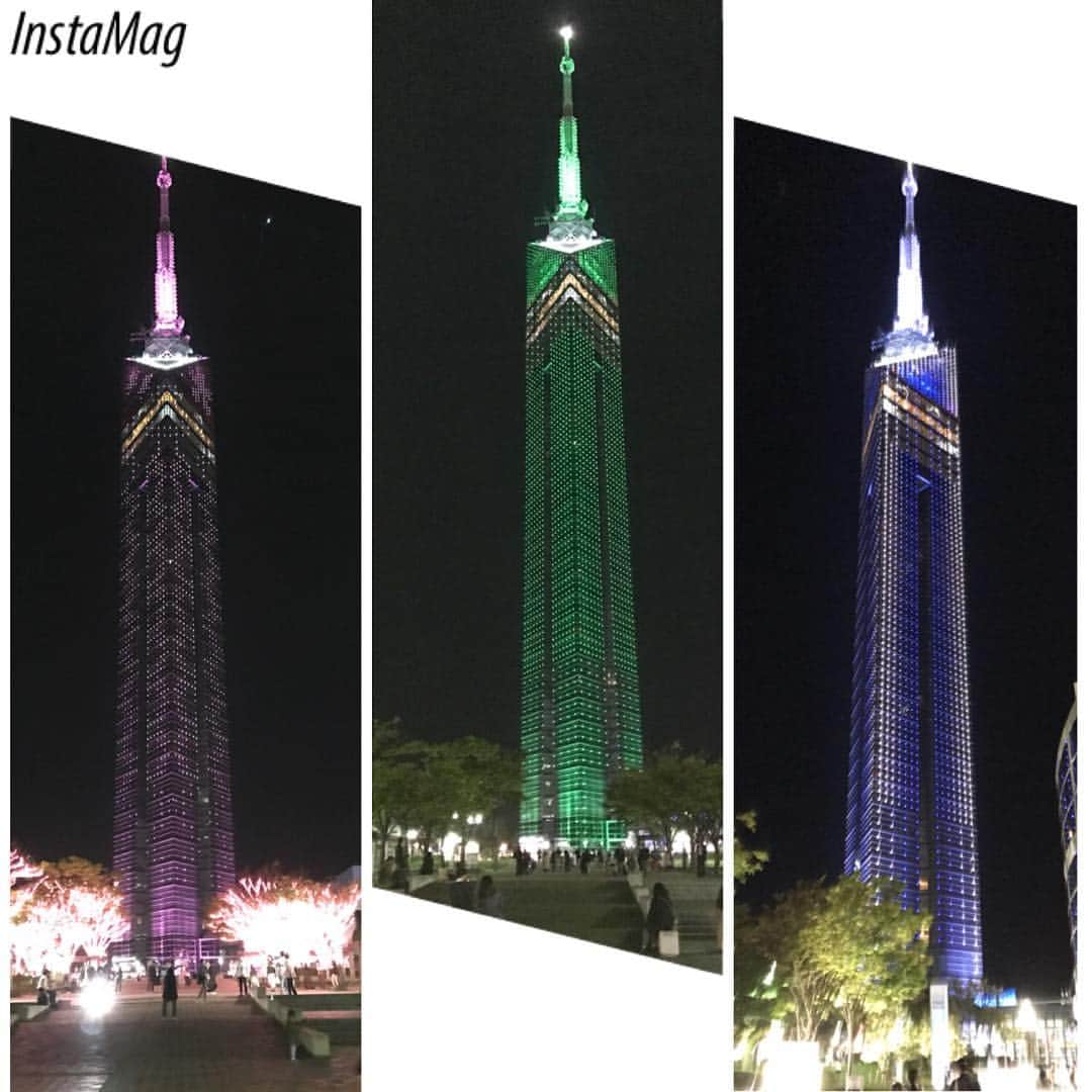 山口愛実のインスタグラム：「ここ最近の福岡タワー。 やっぱり昨日のSHINee カラー(真ん中)がいいな😊 ちなみに今日は右側のブルーでした🎵 #SHINee #FromNowOn」