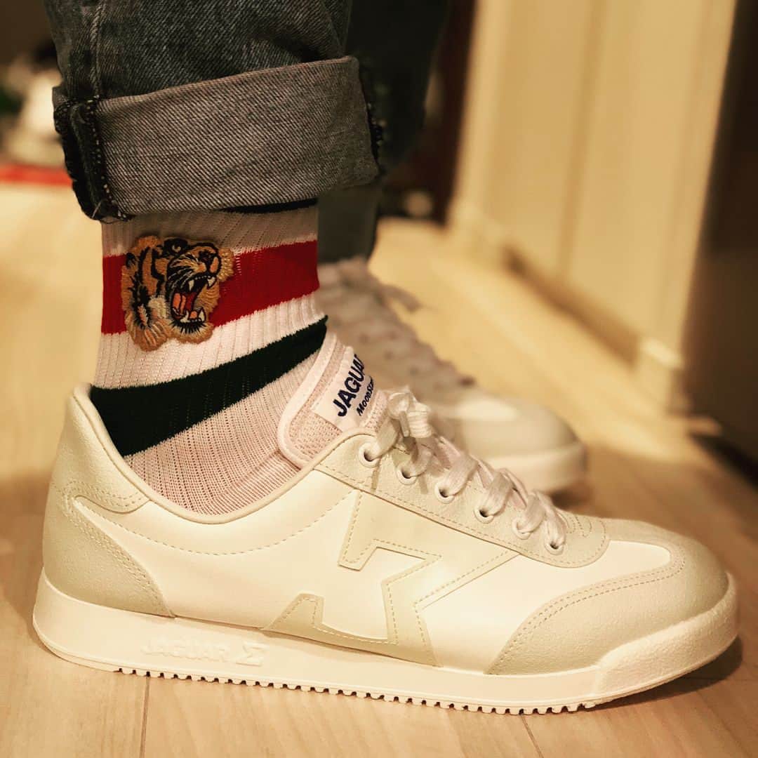 竹内まなぶのインスタグラム：「【MoonStarジャガー シグマ × GUCCIの靴下】 『GUCCI』の靴下に、小学生の頃お世話になった運動靴『ジャガー』を合わせた《温故知新コーデ》🏫👟Ⓜ️⚡️ #学校指定靴 #ダッドスニーカー #靴より靴下の値段が高い #moonstar  #gucci  #balenciaga  #温故知新コーデ」