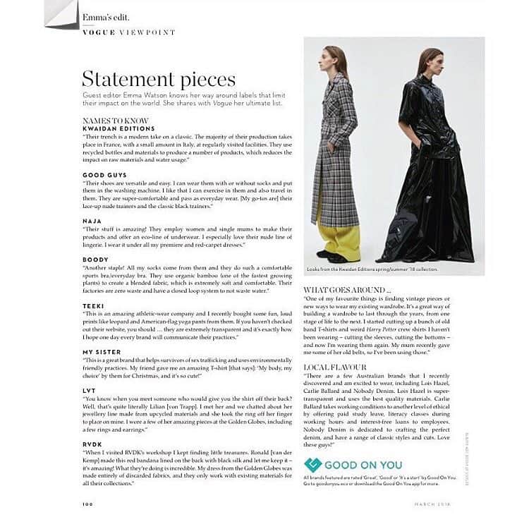 ザ・プレス・ツアーのインスタグラム：「Vogue Australia’s ‘Designing The Future’ issue features @emmawatson‘s ultimate lust list of sustainable brands; keep your eyes peeled for some of @the_press_tour favourites! @vogueaustralia. All brands verified by @goodonyou_app」