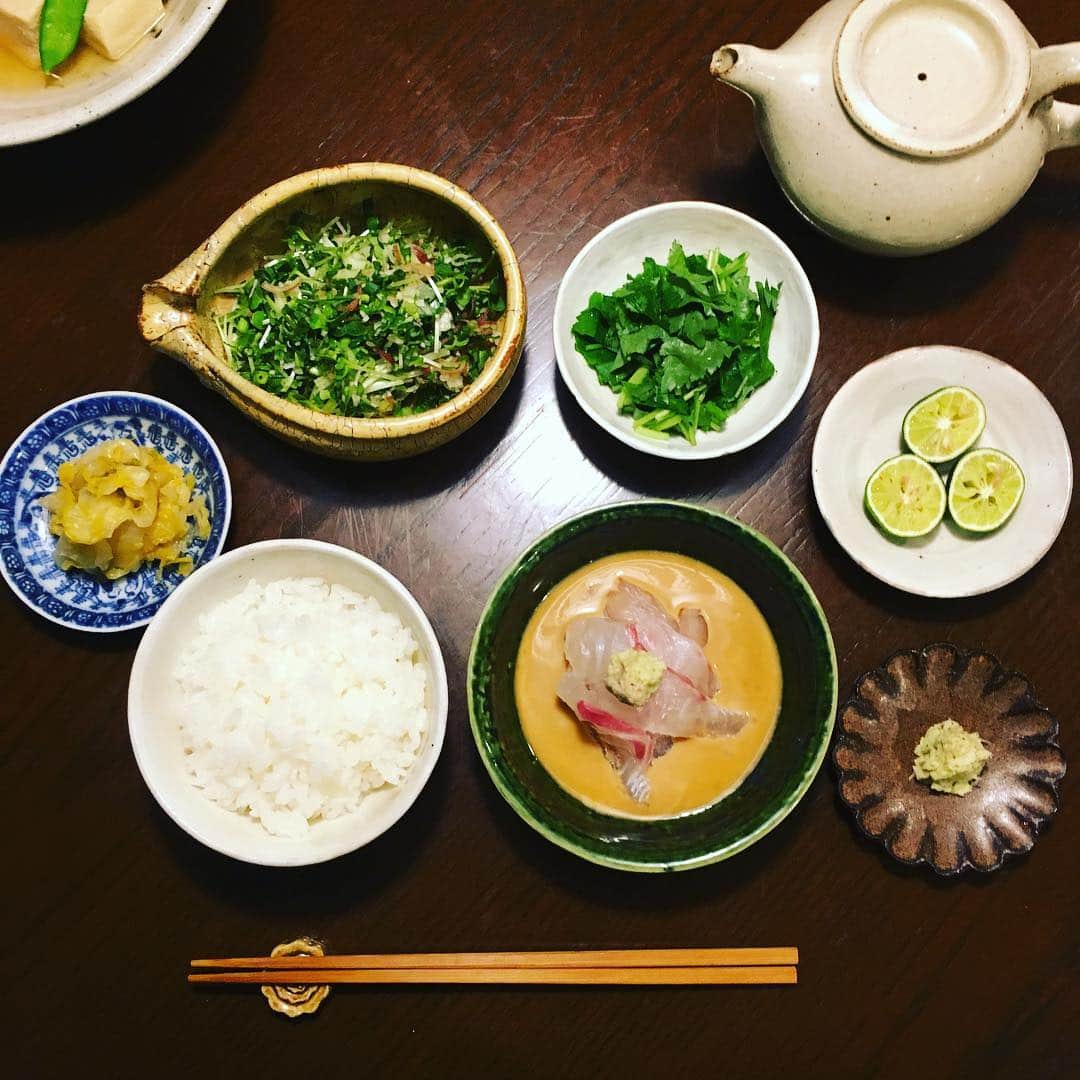 志摩有子さんのインスタグラム写真 - (志摩有子Instagram)「久しぶりに鯛茶漬け。薬味たっぷりで。炊きたての白米はやっぱり美味しい。 #鯛茶漬け #おかわり必至 #五味薬味」5月19日 22時59分 - ariko418