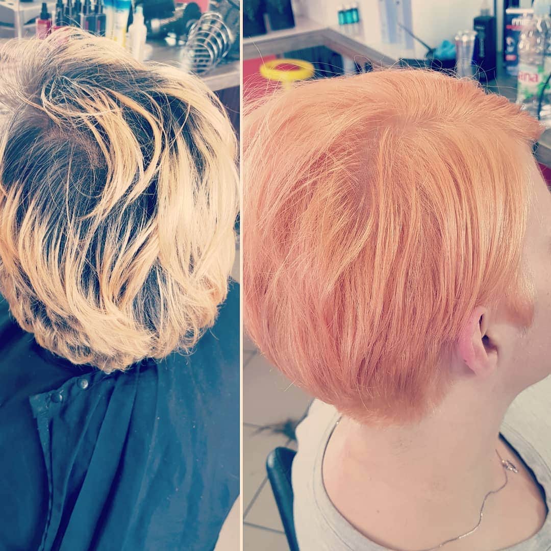 MERYのインスタグラム：「Before/after Subrina senseo 11/45 + 9% creme  Love this color #peachcolor #smooth #subrinaproffesional #senseocolor #lovemyjob #hairstylist #18years #18yearshairstylist #sinceforever @larafilipic」