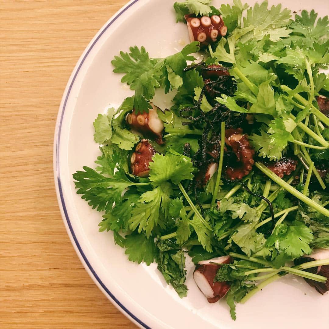 田中里奈さんのインスタグラム写真 - (田中里奈Instagram)「GW初日のお昼ご飯は先日の出張 #蔓餃苑 の会の余りものを使った簡単サラダ。﻿ ﻿ 昔全然食べれなかったパクチーも、今じゃすっかりトリコに…💛﻿ 最初はパクチーがどーんってのってるものじゃなくて、メキシコ料理とか、タイ料理とか、中に刻まれてスパイスっぽく入ってるものから練習していって、少しずつ食べれるようになりました😘﻿ ﻿ 生きてく上では必要ないかもしれないけど、［ 嫌いなもの⇨好きなもの ］に変換できると、それだけで人生にちょっとした楽しみが増えるのが単純に嬉しい。﻿ だから意味もなく苦手なもの（食べ物でも人でも物事でも）でも、ちょっとゲーム感覚でトライしていくのもありかなって思うよ！ ﻿ 【 パクチーとタコのサラダ 】﻿﻿ ・パクチー﻿ ・タコ﻿ ・塩昆布﻿ -----------------------------------﻿﻿ ・塩﻿ ・粗挽きコショウ﻿ ・ごま油﻿﻿ _____________________________________﻿﻿ ﻿﻿ 山盛りパクチーにぶつ切りのタコを加え、軽めに塩と胡椒をふり、ごま油を和える。﻿ タコにもパクチーにも塩味があるのでお塩は控えめでもいいかも。﻿ 私は健康管理のために最後にアボガドのオメガオイルをひと回しかけていただきました💛﻿ ﻿ パクチーもりもり食べたい方に是非〜﻿ ﻿ #たなかご飯  #パクチー」4月28日 13時18分 - tanakaofficial