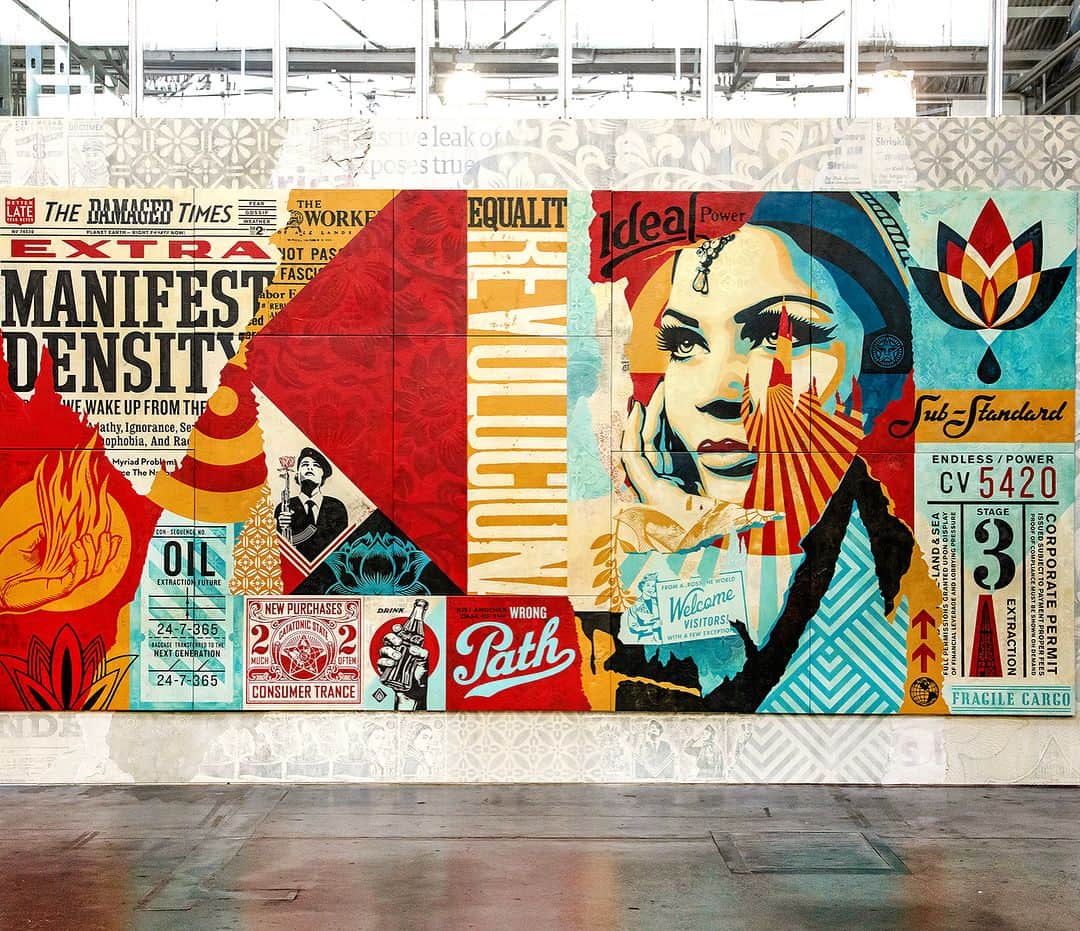 Shepard Faireyさんのインスタグラム写真 - (Shepard FaireyInstagram)「This “Damaged Wrong Path Mural” large format print is the largest and most complex fine art screen print edition I have made. The print is inspired by the large mural comprised of 12 canvas paintings featured in my Damaged show. The “Wrong Path Mural” represented a selection of the most important images and concepts from Damaged, which was the largest and most ambitious art show of my career. Check out the recap link in bio. Thanks for caring! -Shepard  Damaged Wrong Path Mural Large Format. 32 x 57 inches. 5 color #screenprint on cream 100% cotton custom archival paper by @legionpaper with hand-deckled edges. Signed by #ShepardFairey. Numbered edition of 75. $1,000. #Obey publishing chop in lower left corner. Comes with Certificate of Authenticity (COA). Available ‪Thursday,‬ May 3rd‬ ‪at 10AM (PDT) ‬on ObeyGiant.com in Store under Prints. Limit 1 per person/household.」5月3日 7時44分 - obeygiant