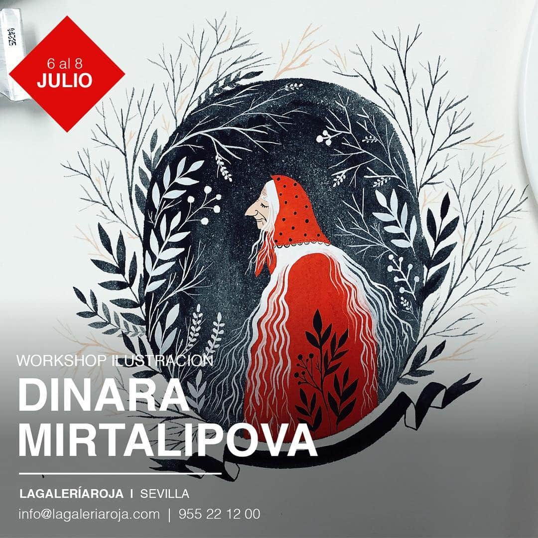 Dinara Mirtalipovaのインスタグラム：「Hello Spain! 🇪🇸 I’m so excited to announce I will be hosting an illustration workshop @lagaleriaroja in Seville, Spain July 6-8. For booking please email info@lagaleriaroja.com or  call 955 22 12 00  See you in July 👋 #lagaleriaroja #dinaramirtalipova #mirdinara」