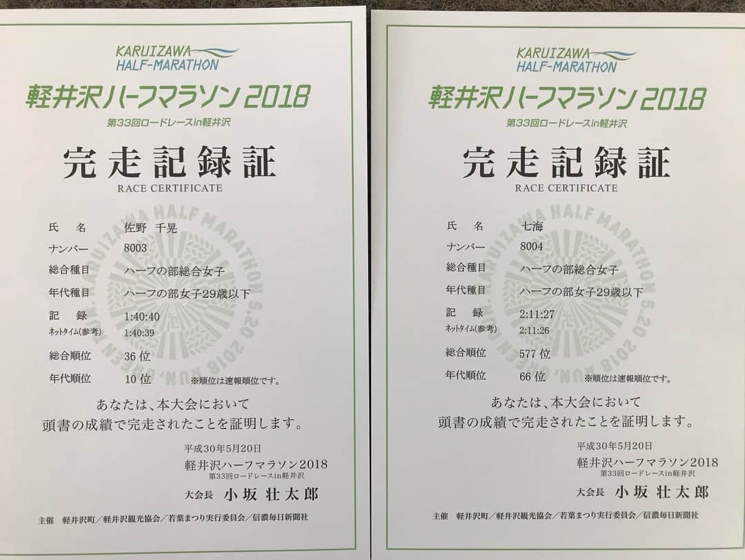 佐野千晃さんのインスタグラム写真 - (佐野千晃Instagram)「. 軽井沢ハーフマラソン2018 TGR6期生 佐野千晃と七海、皆さんのおかげで無事完走いたしました！ . 人生で2度目のハーフマラソンは、本当に何もかも恵まれ整った環境の中走らせていただき、走り始めから走り終わりまでたくさんの方に声援をいただきサポートしていただきました！ . 走りながら佐野さん！や、がんばれー！と声をかけてくれた方、ありがとうございます！ 何人かが佐野選手って呼んでくれちゃってちょっと照れくさかったですが嬉しかったです笑 . タイム的には目標に届かず、、、なタイムでしたが、TGR歴代No.1のタイムは出せました！ そして気持ちよく走れたので笑顔でゴールをすることは出来ました！ . このマラソンをきっかけに、たくさんの方にTGRを知っていただいて走る素晴らしさ、マラソンの奥深さを伝えていけたらなぁと思います。 . お疲れ様でしたーしゃおらー！ . #run #running #marathon #人生自由自在 #ファッション #ウェア #楽しく走る #ランニング #ジョギング #軽井沢 #軽井沢ハーフマラソン2018 #マラソン #ハーフマラソン #TGR #佐野千晃 #七海 #tokyo #girls #run #6期生 #TGR6期生 #歴代1位」5月20日 13時40分 - sanochiaki810