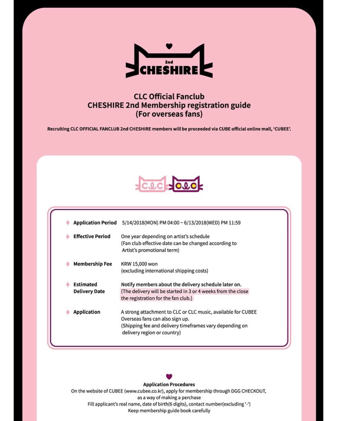 エルキーのインスタグラム：「. 180523‖ CLC Fancafe 大家仲唔快啲申請😆 CLC Official Fanclub CHESHIRE 2nd Membership 募集 ❤ 申請時間 : [KST] 14/05/2017 (一) 4PM - 13/06/2017 (三) 11:59PM #ELKIEHKCHESHIRE二期會員申請方法及需知 - 網址⌨️ : [Link in bio] http://www.cubee.co.kr/shop/shopdetail.html?branduid=605558&xcode=002&mcode=013&scode=&type=X&search=&sort=order - 活動 (Elkie 個人活動/團體活動) : [香港時間] 27/05/2018 (日) 7:45PM 電視劇——富家公子 13/06/2018 (三) 10:59PM Cheshire二期會員申請截止時間 16/06/2018 (六) 4PM CUBE家族演唱會 @ 一山韓國國際會展中心 - 想收到通知留意我地即時既po?😊 按@elkiehk👉右上(個3粒◾◾◾)👉開啟貼文通知 — #CLC#씨엘씨#Elkie#엘키#莊錠欣#Cheshire#CLCHK#ElkieHK#예뻐지게#아니야#Chamisma#도깨비#BlackDress」