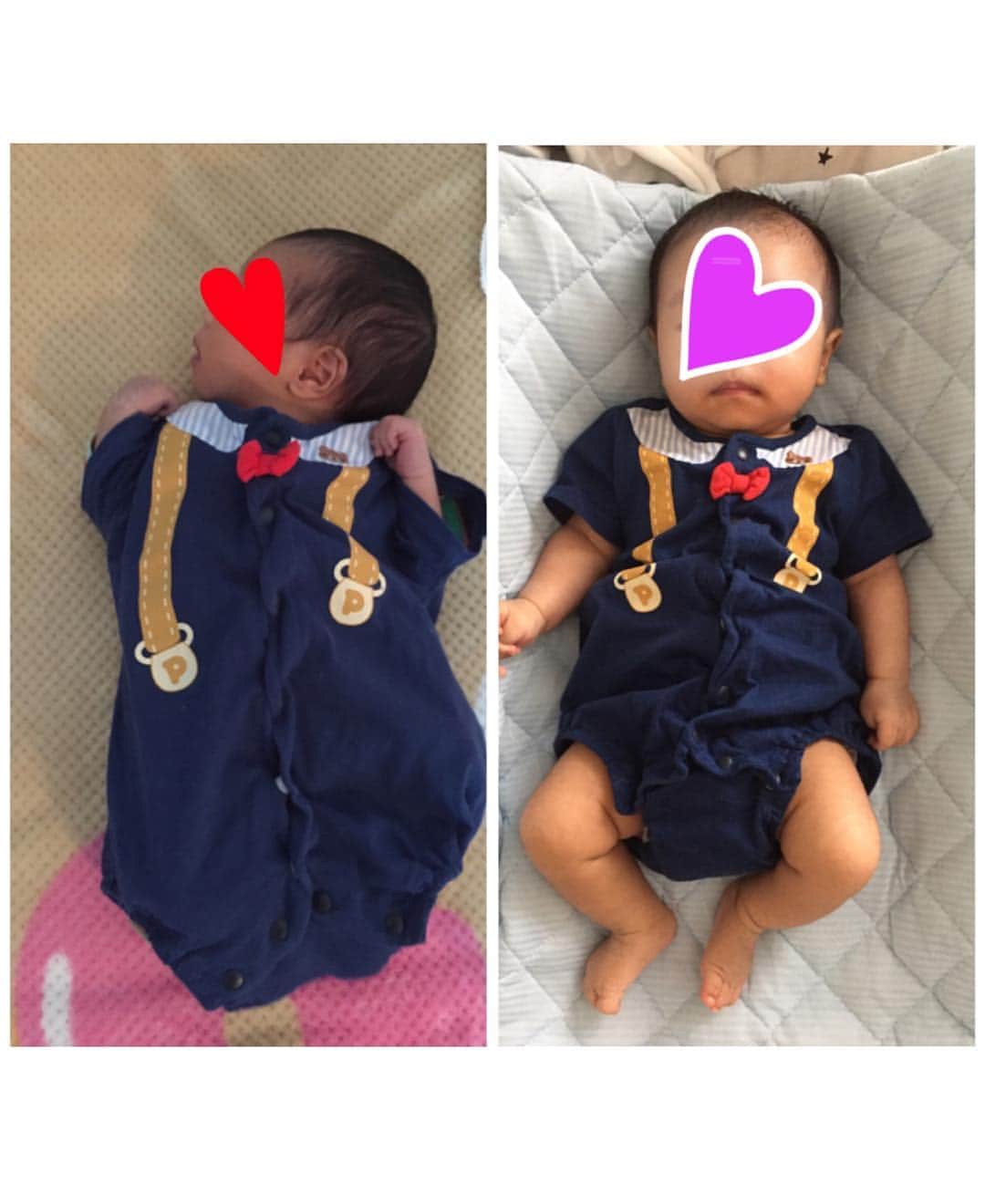 高山真実のインスタグラム：「生後10日と生後68日(今日)❗️ 、 、 同じお洋服で比べると全然違う👏 、 子どもの成長の早さに驚かされます😲❗️❗️❗️ 、 、 、 #洋服に着られてた#今は着てる#息子#生後2ヶ月#男の子#成長#ママ#新米ママ#筋トレママ#babyboy #mama」