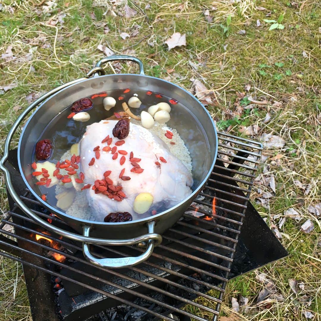 AYUMIさんのインスタグラム写真 - (AYUMIInstagram)「キャンプの時によく作る 参鶏湯（サムゲタン） . 簡単で美味しくて 体もあったまる〜☆ . 材料を鍋（ダッチオーブン）に入れて 火にかけるだけ。 キャンプの時は子どもたちが 炭と松ぼっくりで火の番をしてくれて😊 . お家で、ふつうのお鍋でも作ります。 体調が優れない家族がいる時に 作ると、元気になる〜☆ . ESSE online 〝あゆんこの巣〝で 作り方を紹介しています♪ . https://esse-online.jp/117211?display=b . . #AYUMIご飯 #AYUMIのアウトドアクッキング #のレシピ本でも紹介しています #薬膳 #サムゲタン」5月28日 21時18分 - ayumiayunco