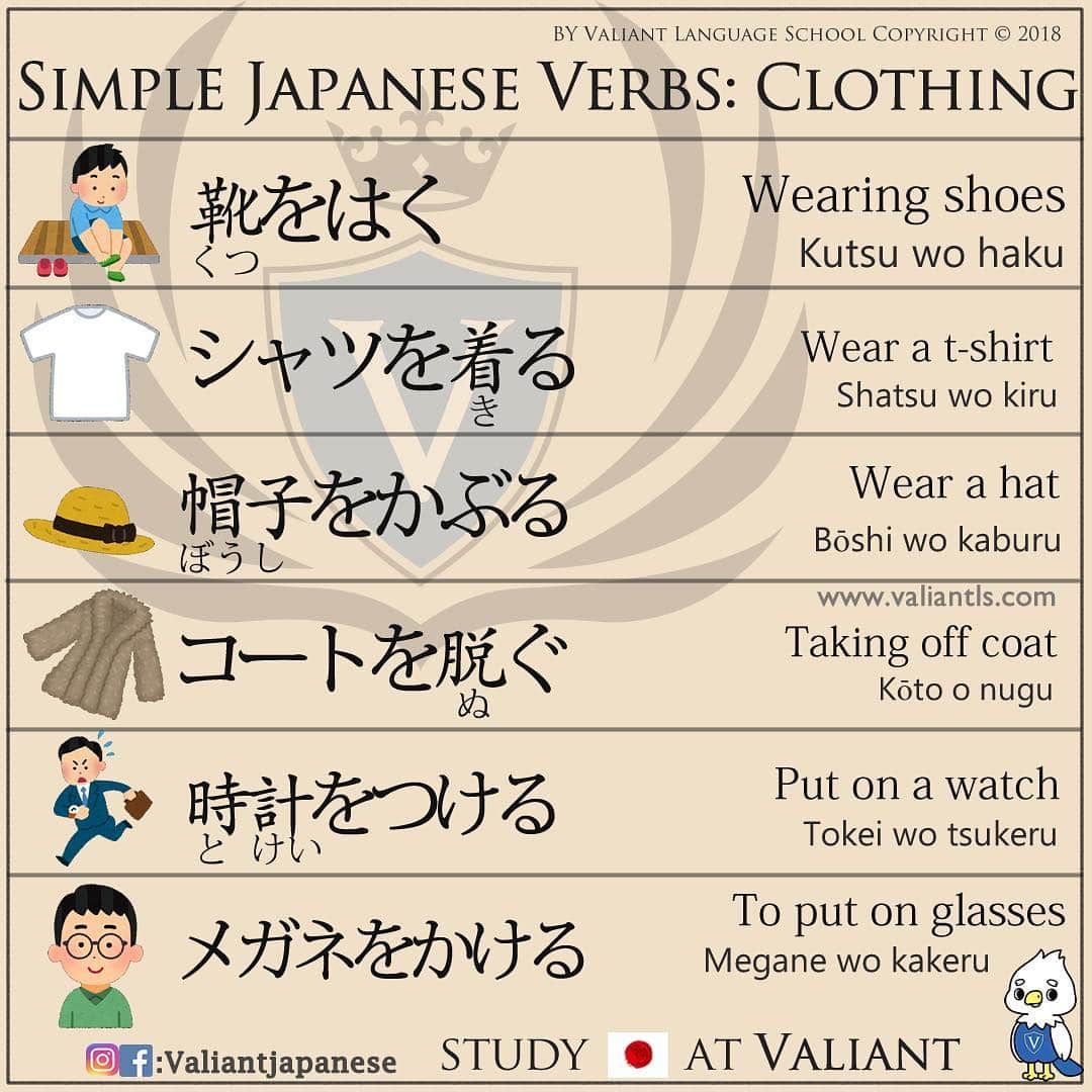 Valiant Language Schoolさんのインスタグラム写真 - (Valiant Language SchoolInstagram)「Simple Japanese Verbs: Wearing clothes 👘🧢👠 . .」5月29日 13時26分 - valiantjapanese