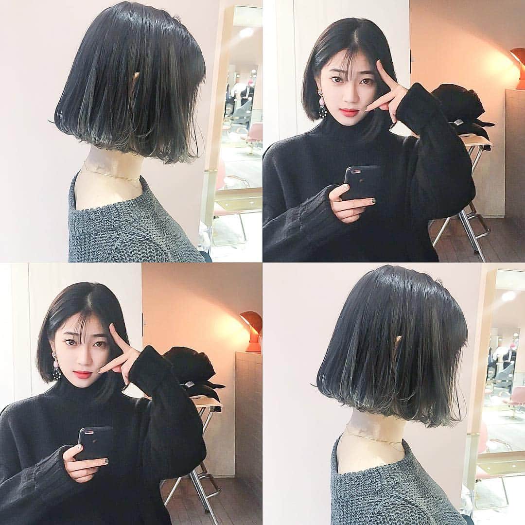 原涼香のインスタグラム：「ㅤㅤㅤㅤㅤㅤㅤㅤㅤㅤㅤㅤㅤ 韓国のオルチャン定番スタイル🇰🇷💕 『 #タンバルモリボブ 💇🏻‍♀️』 毛先にかけてモスグリーンのハイライト💚 ㅤㅤㅤㅤㅤㅤㅤㅤㅤㅤㅤㅤㅤ 首も長くキレイに見えます♡ 小顔効果もあっておススメです💗 ㅤㅤㅤㅤㅤㅤㅤㅤㅤㅤㅤㅤㅤ 今日、明日はお休み頂いているので 木曜以降からお待ちしております💭💫 ㅤㅤㅤㅤㅤㅤㅤㅤㅤㅤㅤㅤㅤ #shima#shima_six_ginza#韓国#オルチャン#머리스타그램#패션스타그램#블랙핑크#タンバルモリ#ボブ」