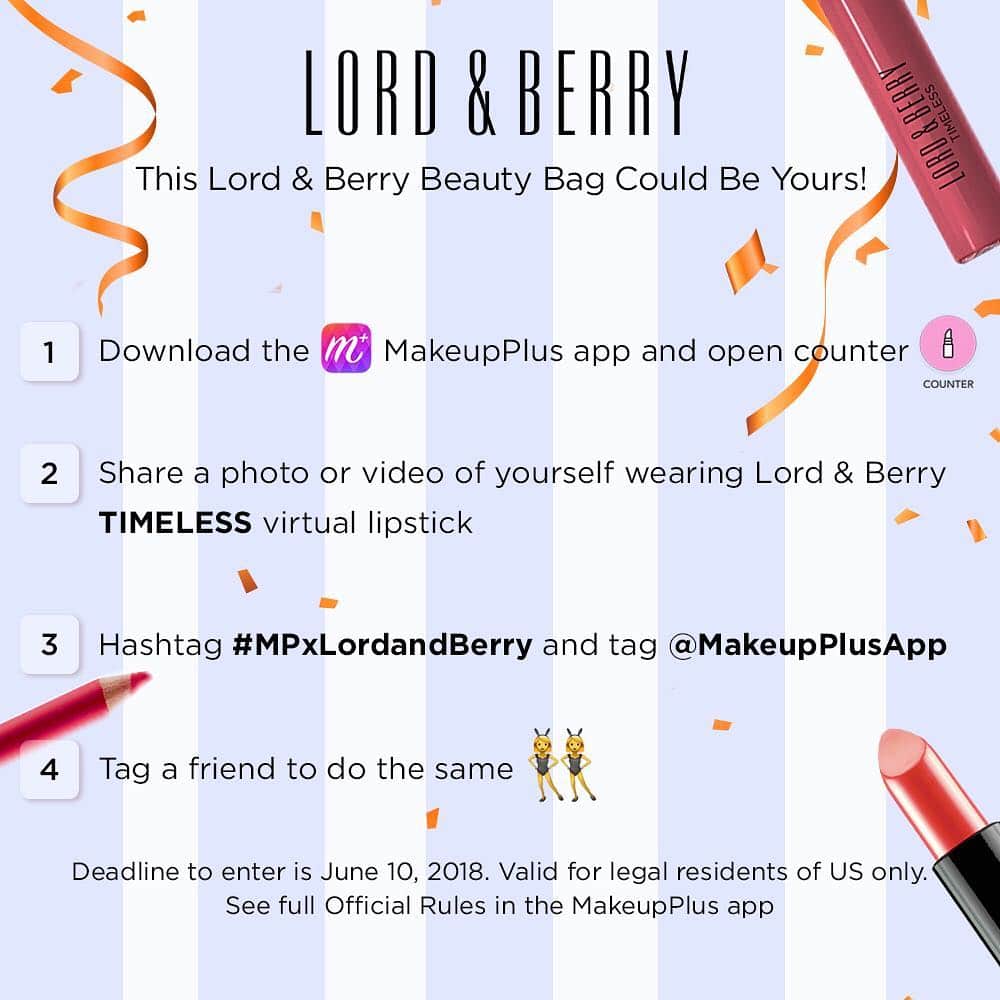 MakeupPlusのインスタグラム：「Hey June! ⛅️We’re kicking this month off by giving away FIVE 5️⃣ @lordandberry_official 💄BEAUTY BAGS! Follow the steps above 👆or download the @makeupplusapp 📲for more details on how to enter! 🤩 • #MPxLordandBerry #lordandberry #makeupplus #giveaway #makeup #lipstick #makeupgiveaway」